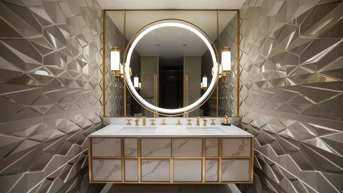 Modern bathroom vanity with a large backlit LED round mirror and gold hardware.