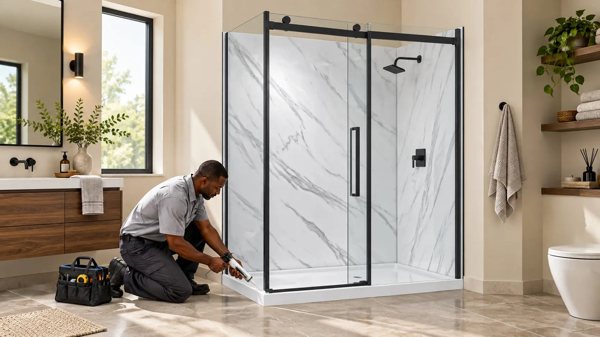 Installer sealing the base of a Dreamwerks Bristol shower kit with matte black hardware, clear glass, and marble-pattern wall panels in a modern bathroom.
