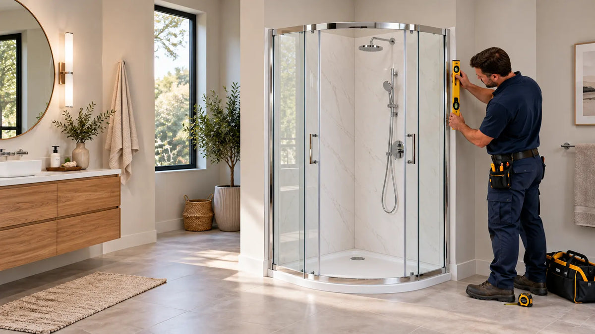 Installer using a spirit level to align a chrome-framed corner shower kit with curved glass doors and marble-pattern wall panels in a modern bathroom.