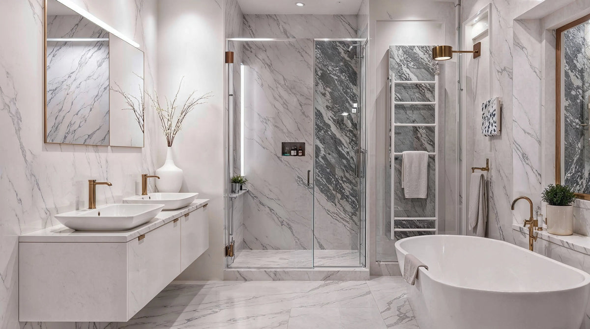 Modern luxury bathroom with marble walls, white vanity, freestanding tub, and glass shower door.
