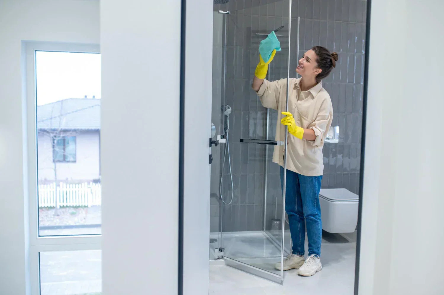 A lady is cleaning the shower door in a modern bathroom and enjoying it.