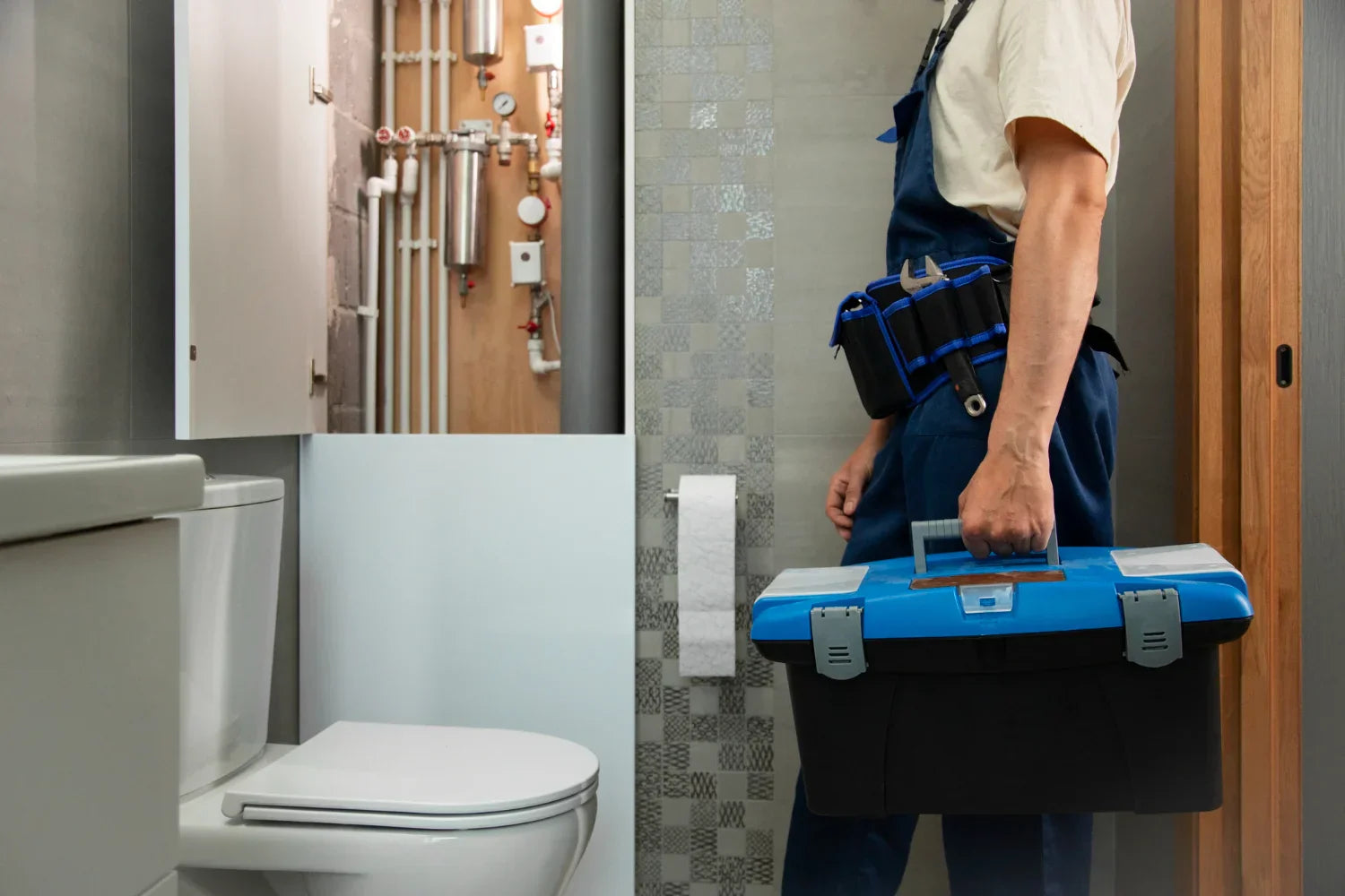 A professional contractor in blue overalls carrying a toolbox in a bathroom with a wall panel removed to reveal complex plumbing and pipework.