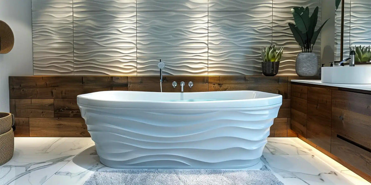 Modern white freestanding bathtub with wavy texture in a luxury bathroom setting.