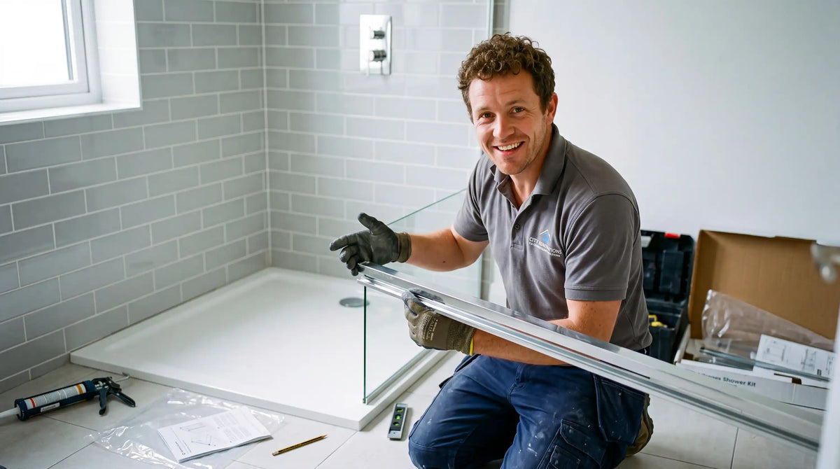 Installer holding a shower door frame beside a glass panel and white shower base in a tiled bathroom.