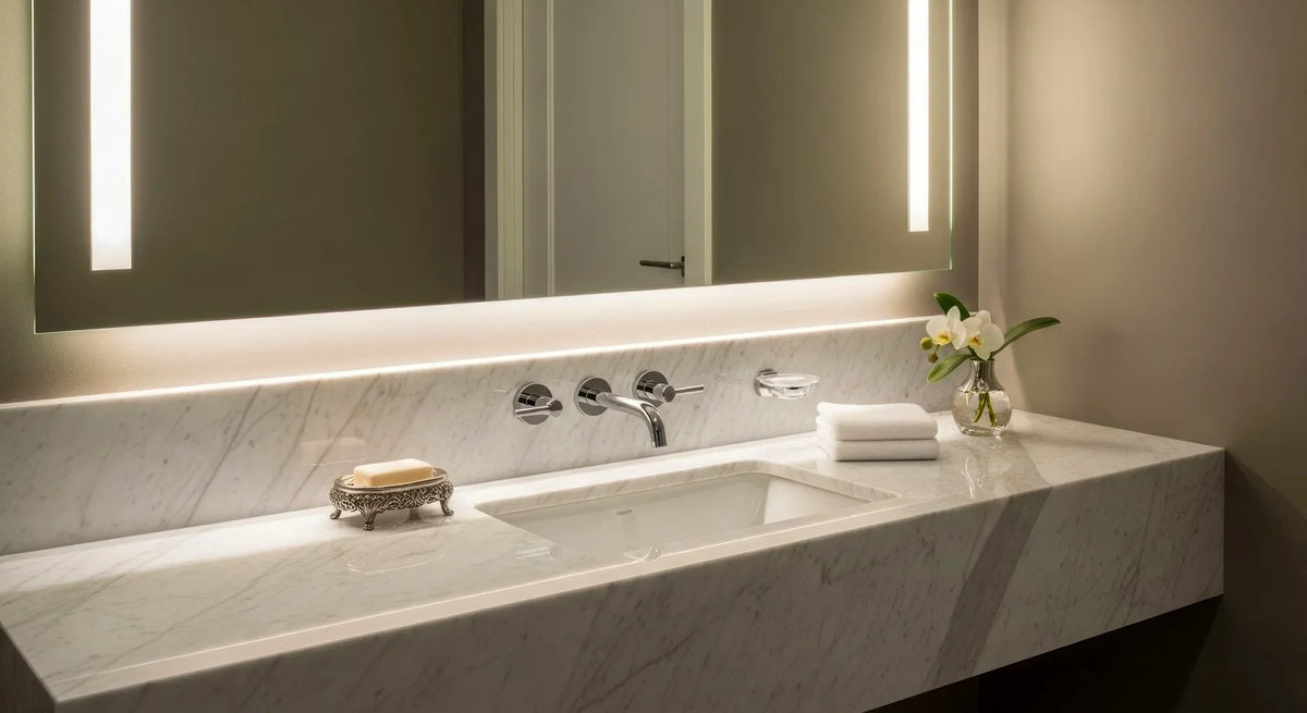 Modern bathroom vanity with a white marble countertop, undermount sink, wall-mounted chrome faucet, illuminated mirror, folded towels, and decorative flowers.