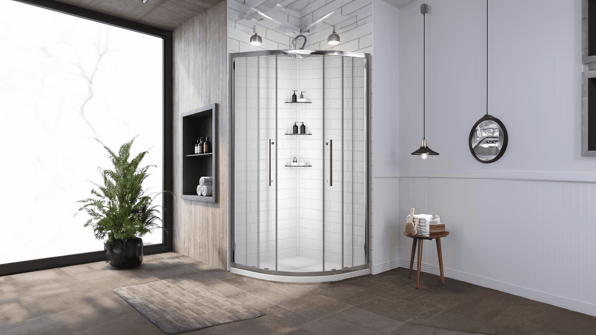 Monaco Round Corner Shower Kit with glass doors in a modern bathroom