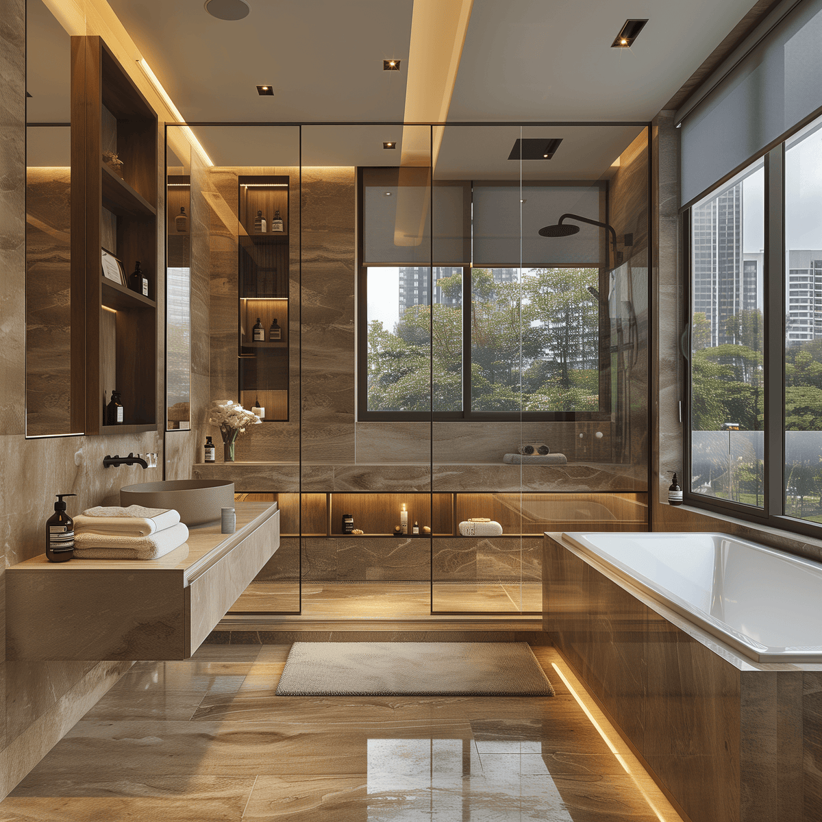 Modern luxury bathroom with marble vanity, glass shower doors, and a large soaking tub.