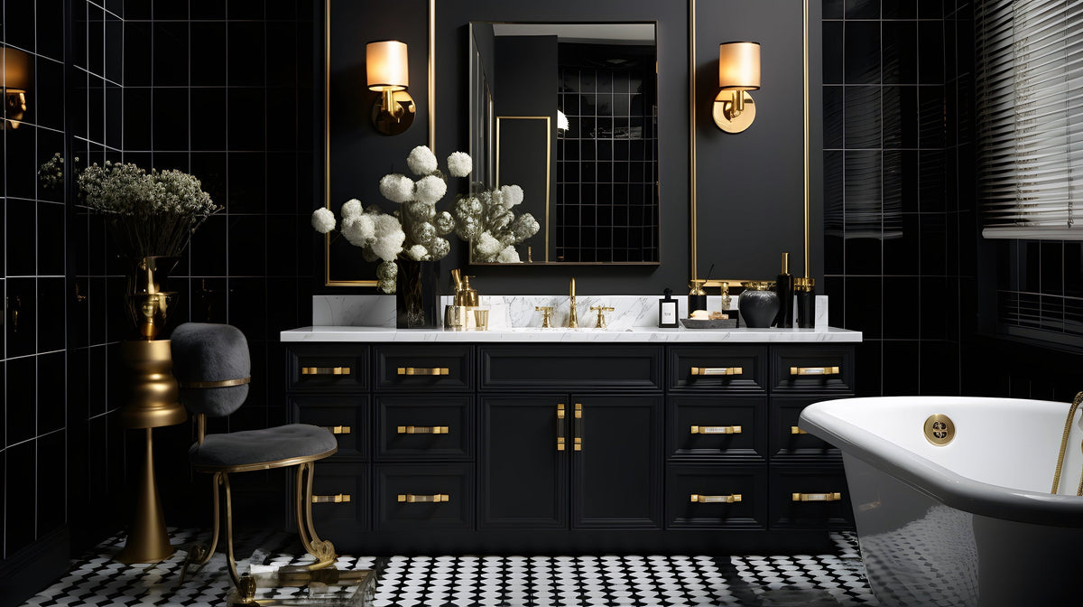 Elegant black bathroom vanity with gold hardware and white marble countertop.