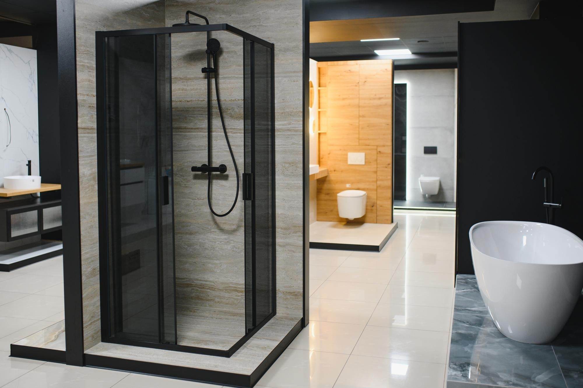Modern bathroom interior with a glass shower enclosure featuring black trim, a freestanding white bathtub on a marble platform, and a wall-mounted toilet against a wooden accent wall.