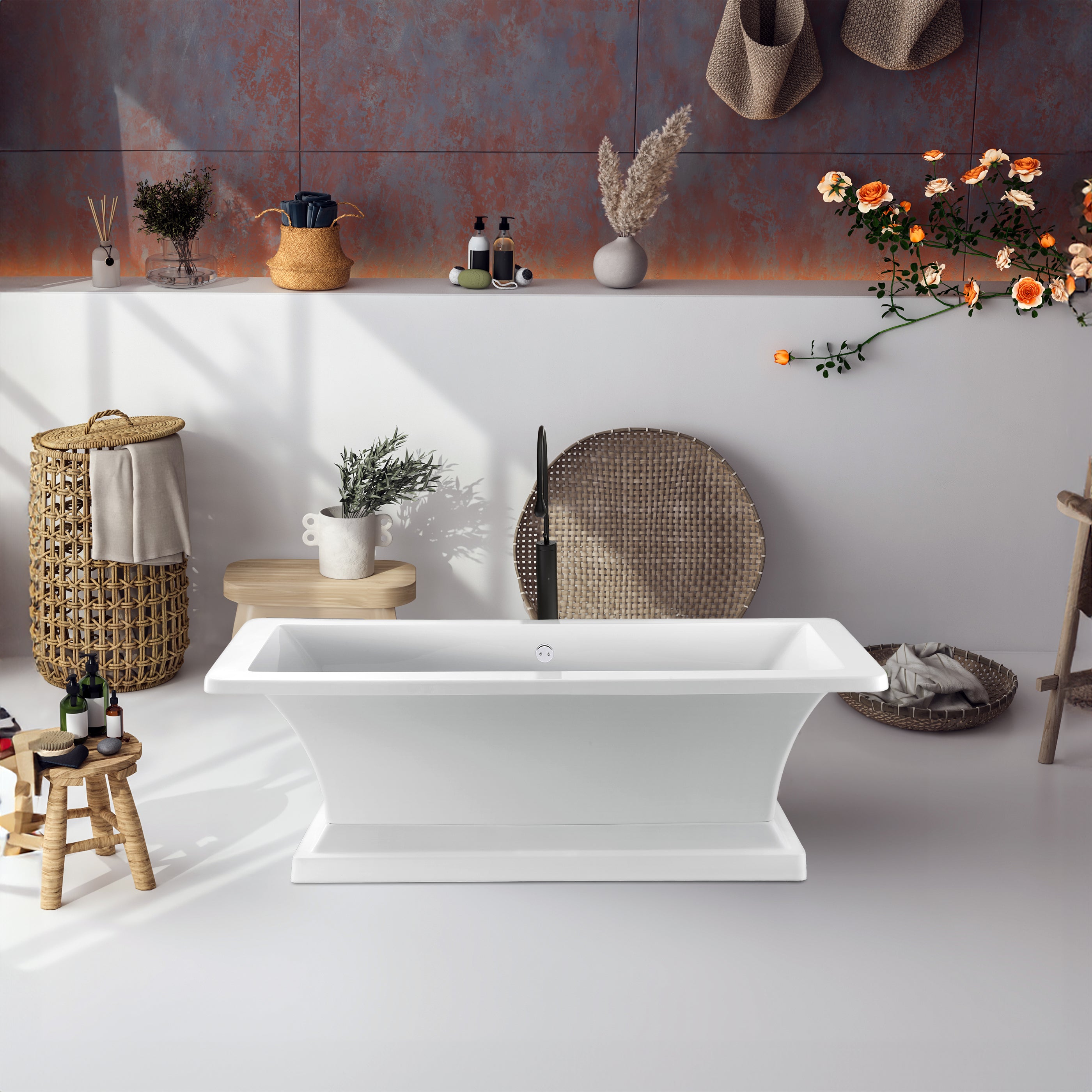 Dreamwerks pedestal bathtub, 66 inch freestanding acrylic pedestal tub, rectangular design