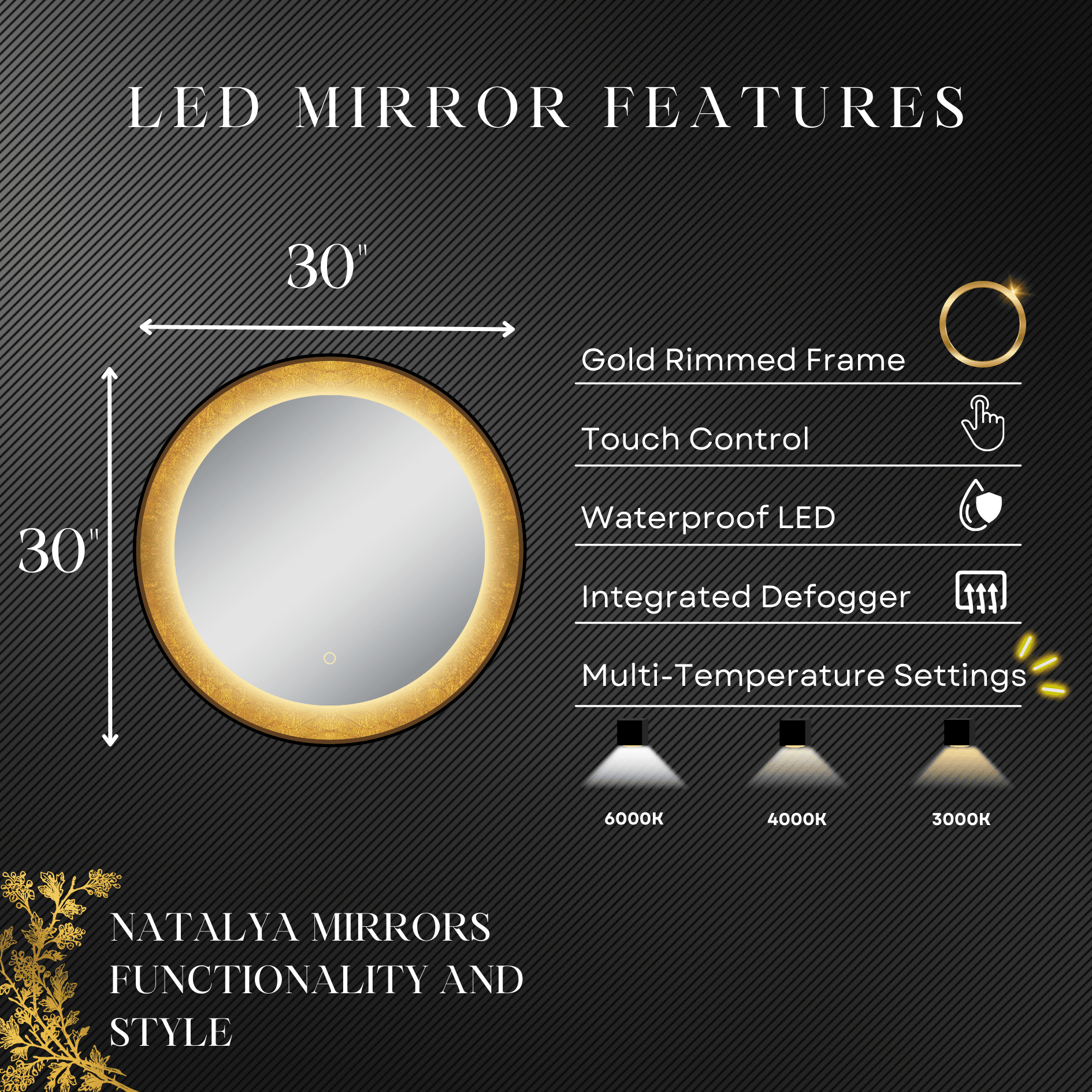 Natalya 30" Round LED Mirror with Gold Rim – Dimmable Lighting, Elegant Bathroom Mirror