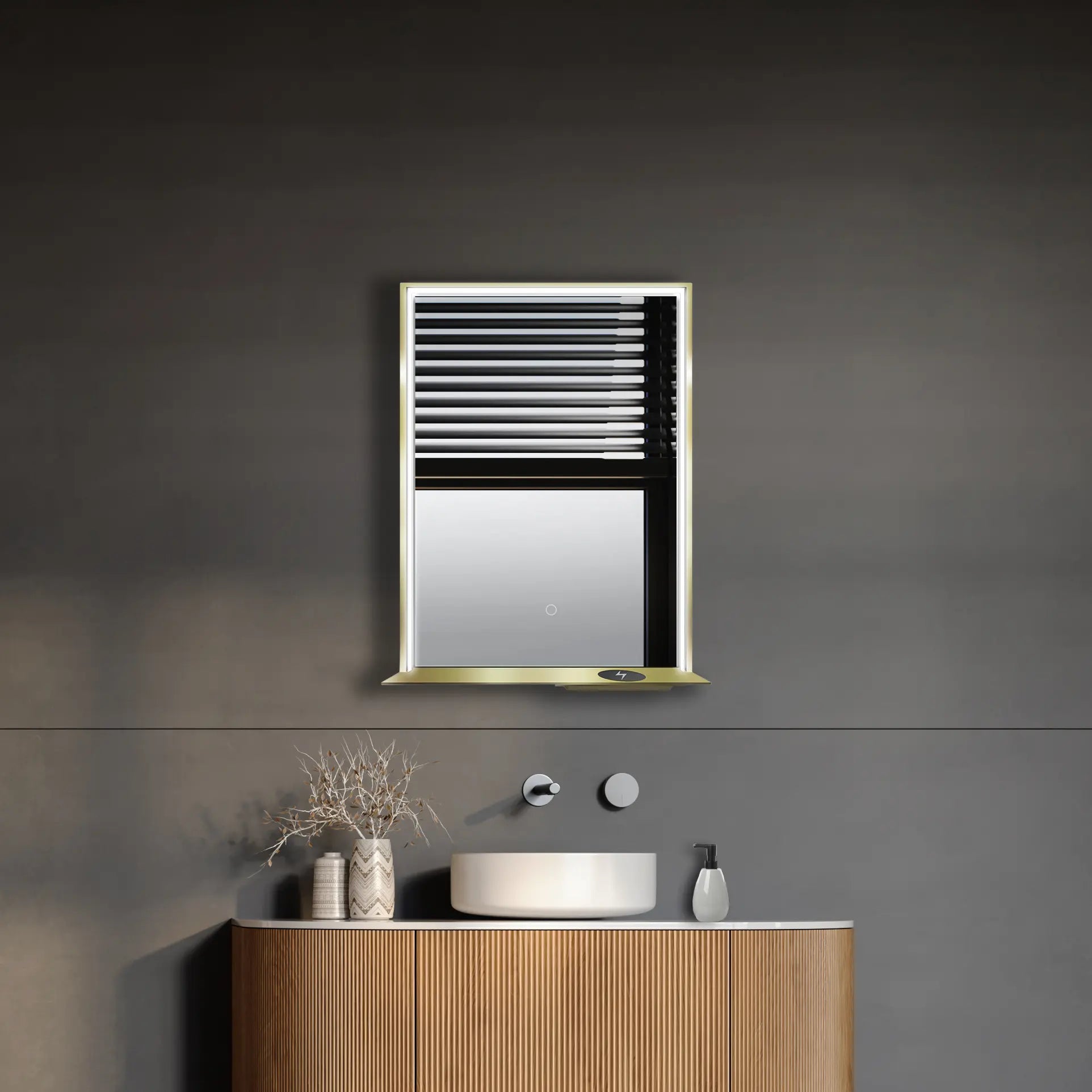 Modern bathroom vanity featuring a light wood cabinet with a fluted texture, a white round vessel sink, and an Allegra Small Gold LED medicine cabinet with built-in adjustable lighting and a mirror.