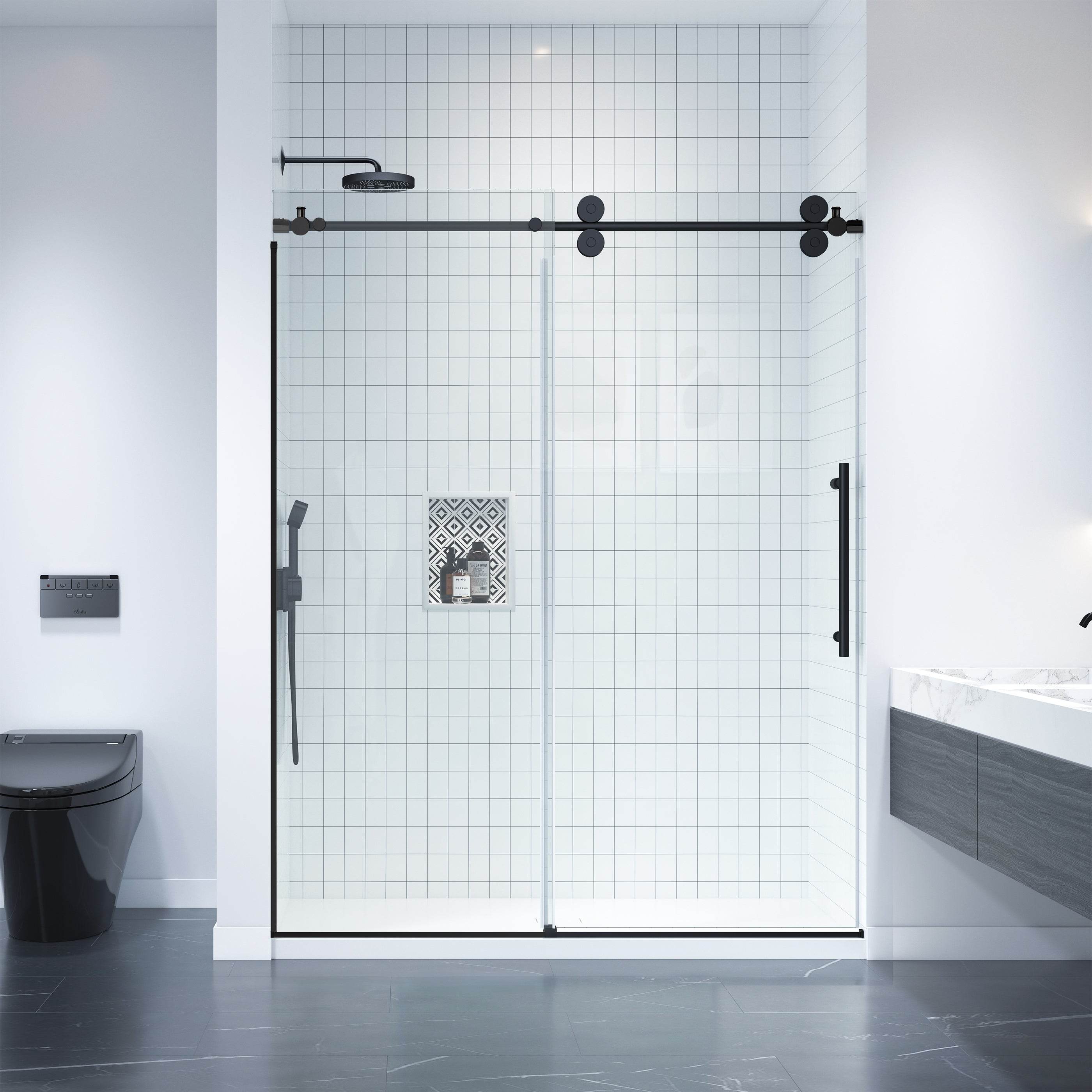 Apollo 60x79 Frameless Double Roller Black Shower Door – Luxury, Waterproof & Elegant Bathroom Fixture