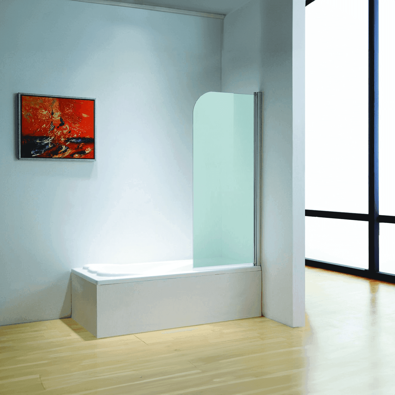 Dreamwerks 30 in. W x 59 in. H Frosted Glass Frameless Pivot Tub Door in Chrome - Dreamwerks