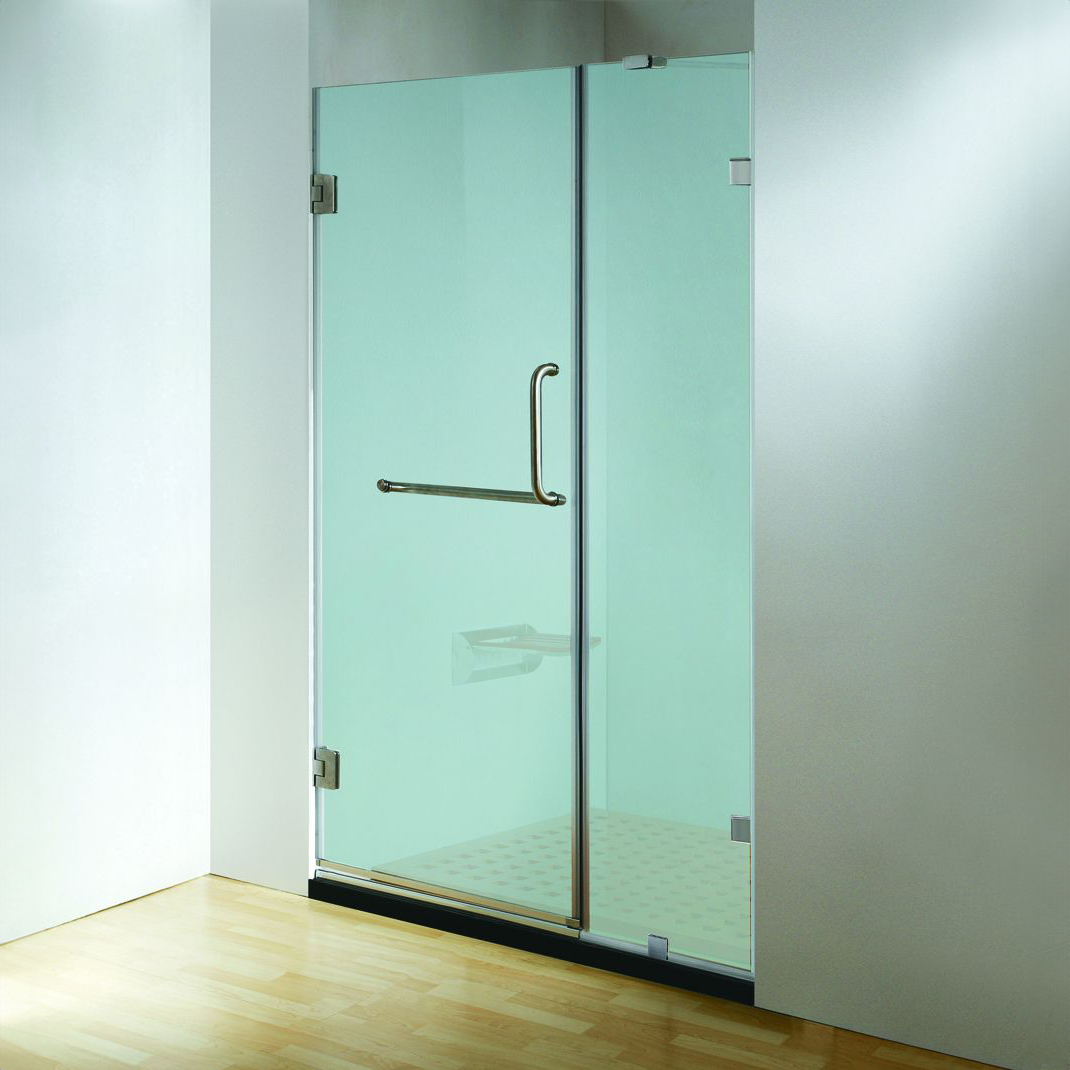 60 in. frosted glass frameless hinged shower door in chrome with handle and towel bar