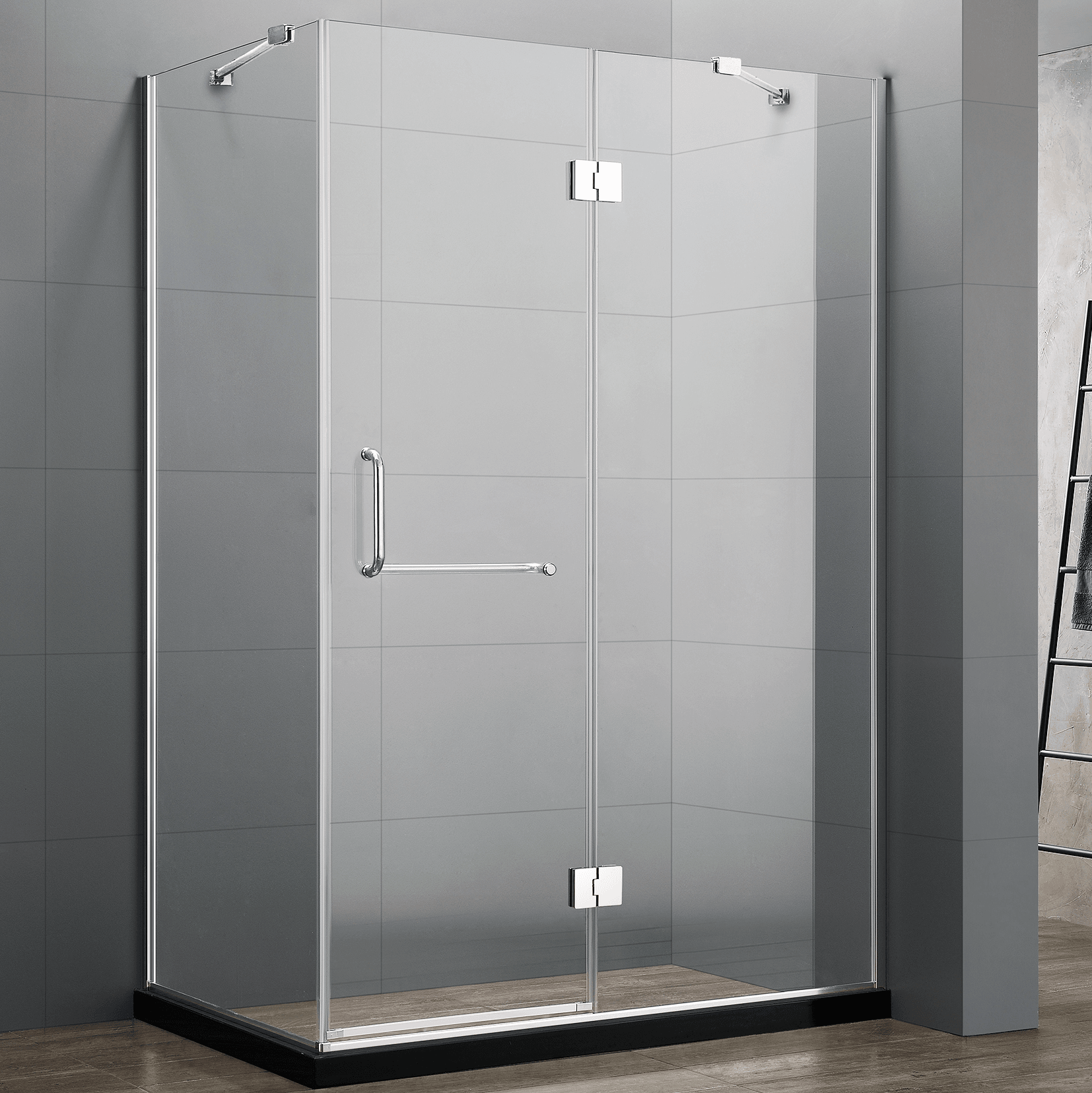 47 in. frameless 3-piece corner pivot shower enclosure with chrome hardware – modern bathroom fixture