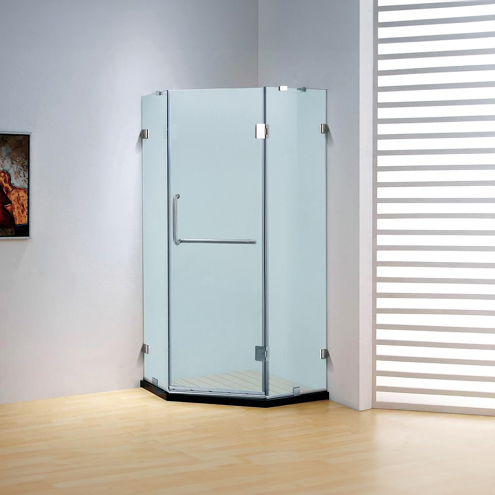 Dreamwerks 36 in. W x 79 in. H Frameless Neo-Angle Hinged Shower Door (Right) in Chrome with Handle - Frosted Glass