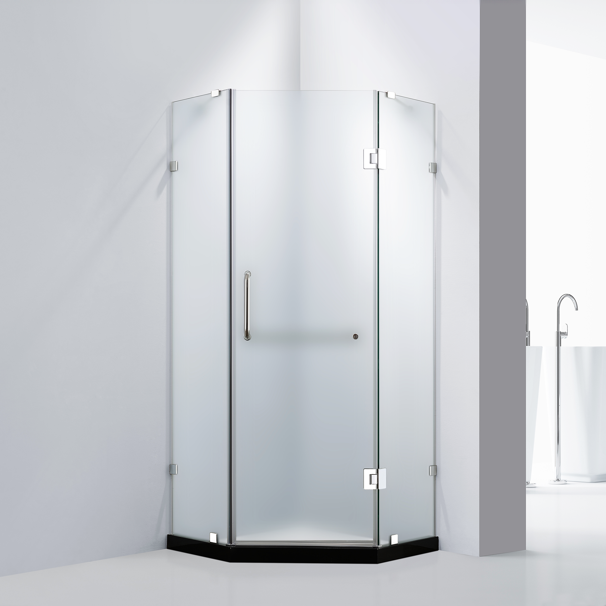 Dreamwerks 36 in. W x 79 in. H Frameless Neo-Angle Hinged Shower Door (Right) in Chrome with Handle - Frosted Glass - Dreamwerks