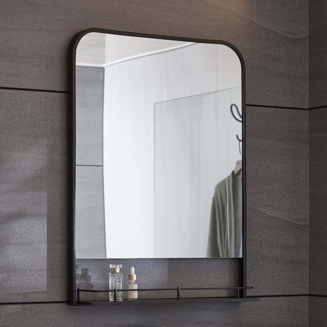 Bella 24"W x 32"H Rectangular Framed Bathroom Mirror with Shelf in Matte Black - Dreamwerks