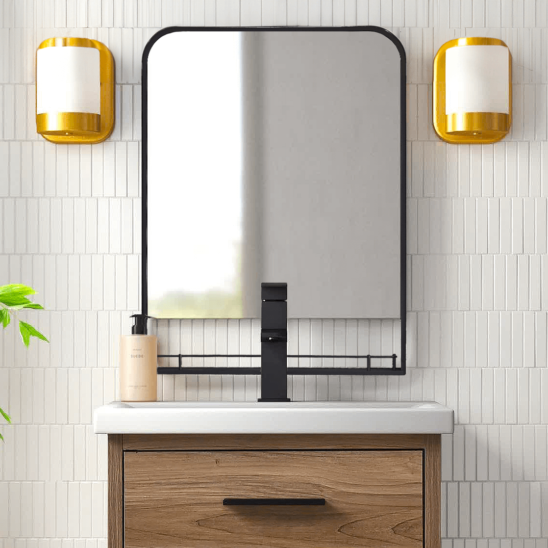 Bella 24"W x 32"H Rectangular Framed Bathroom Mirror with Shelf in Matte Black - Dreamwerks