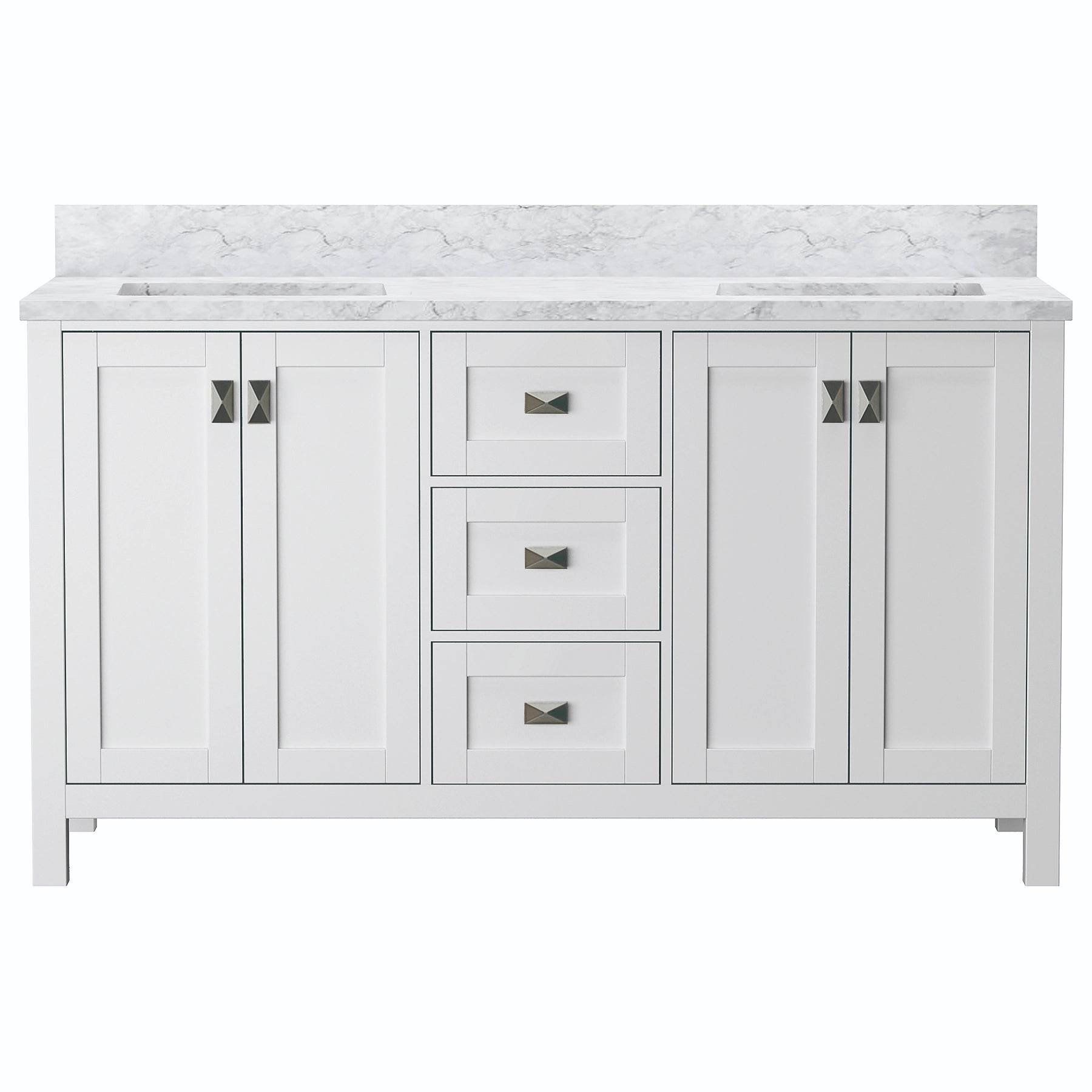 Maison 60 inch white bathroom vanity with Carrara marble top and rectangular sinks - White