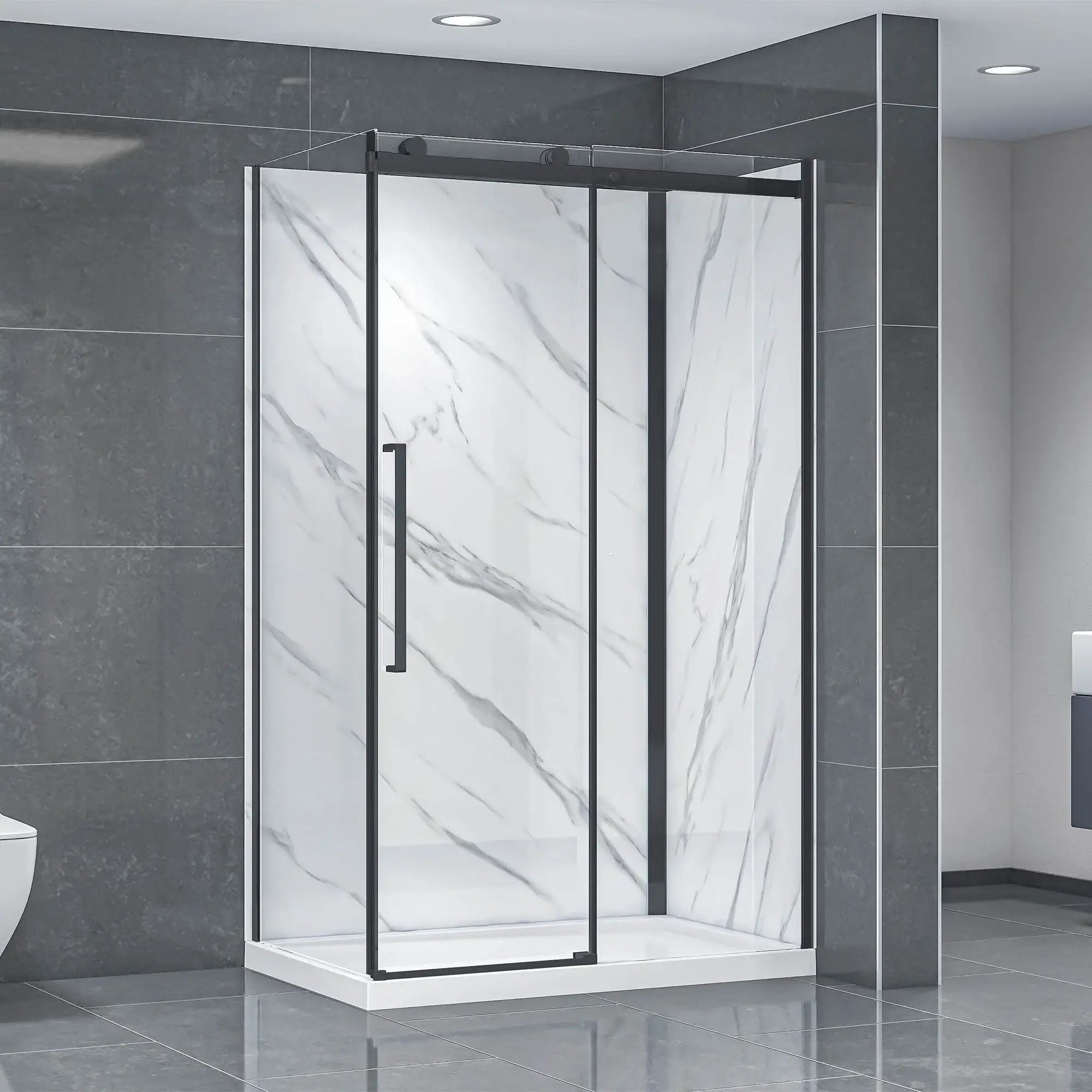 Detailed view of a Dreamwerks matte black shower kit in a nice modern bathroom.