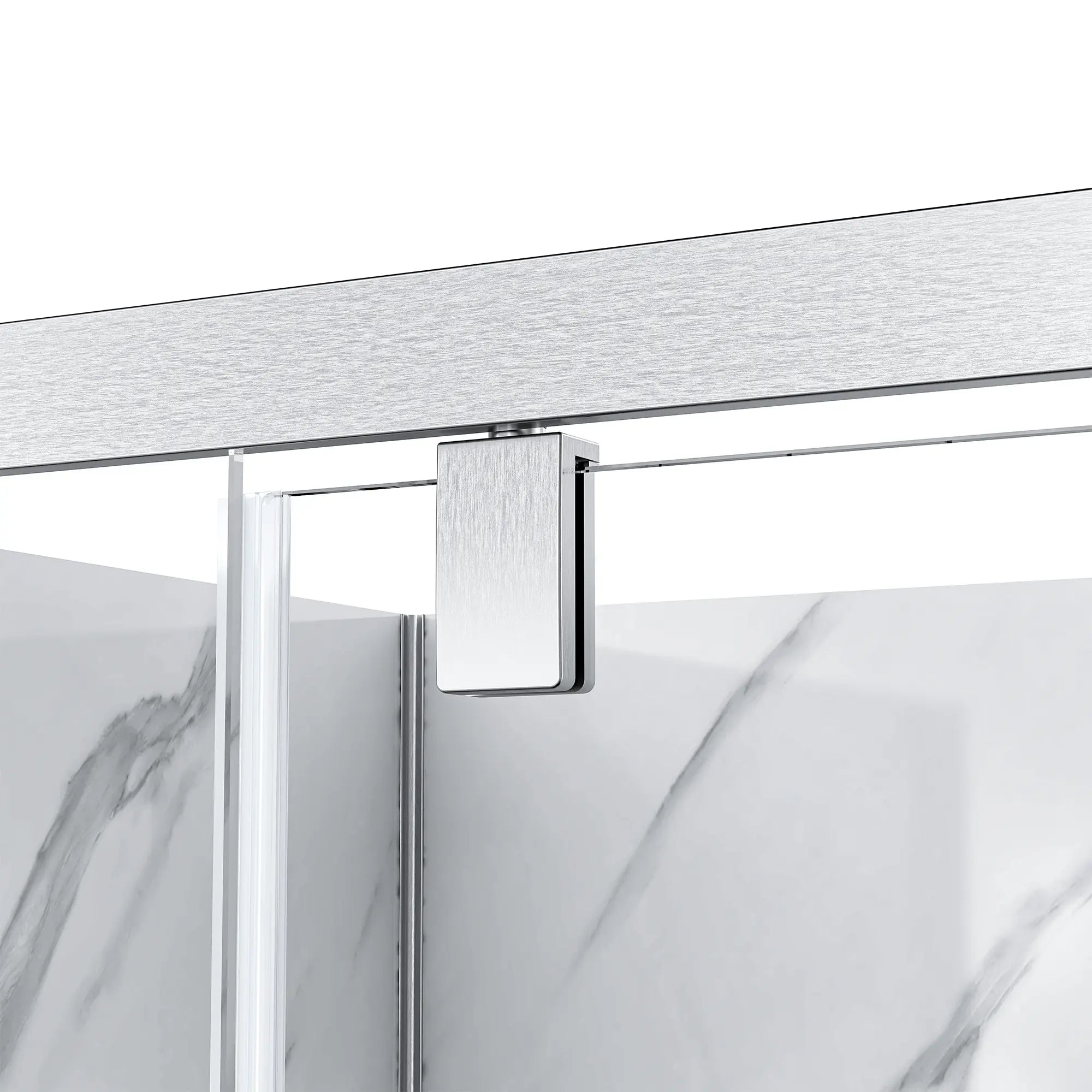 Close-up of a shower door with a chrome handle on a white background