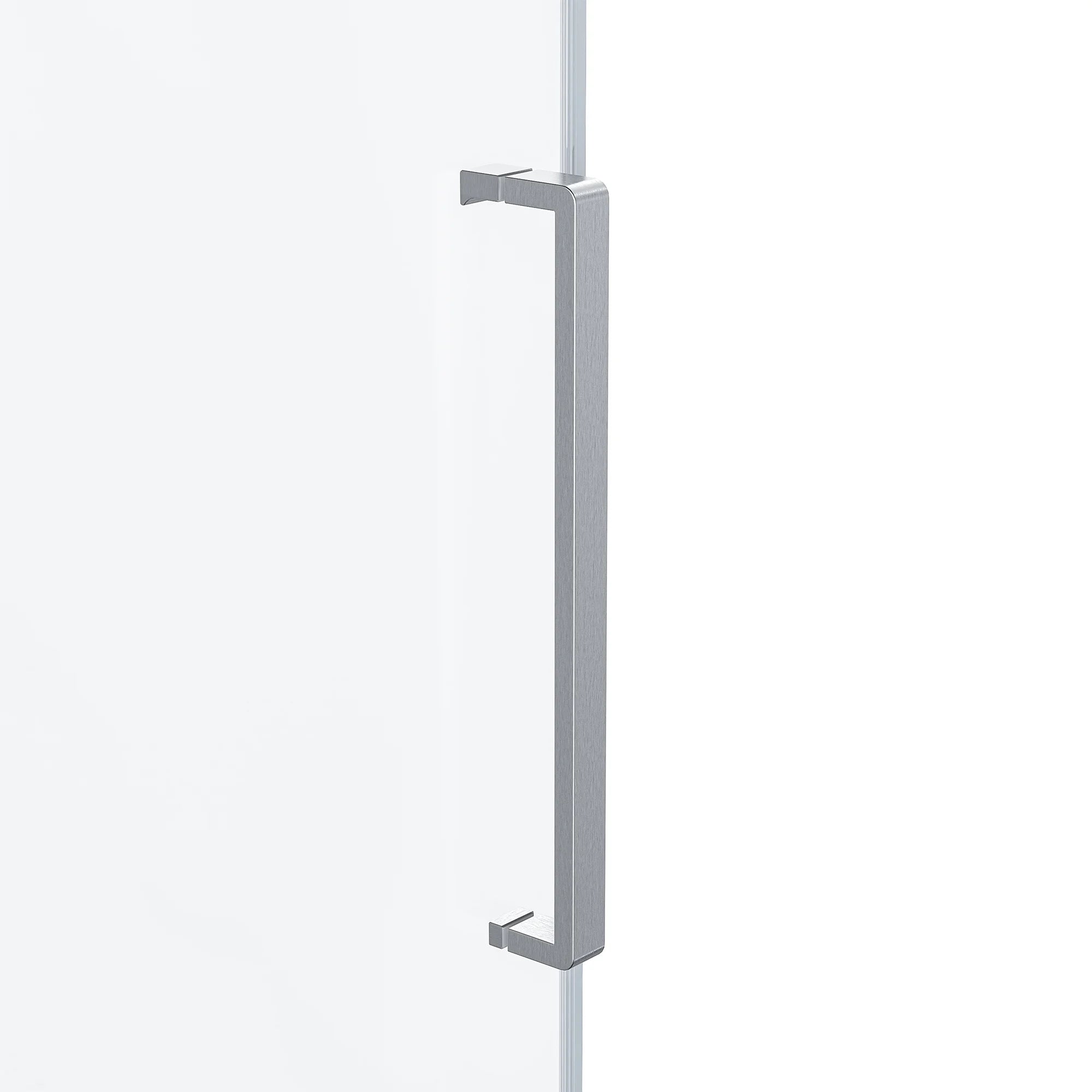 Metallic brushed nickel door handle on a white background