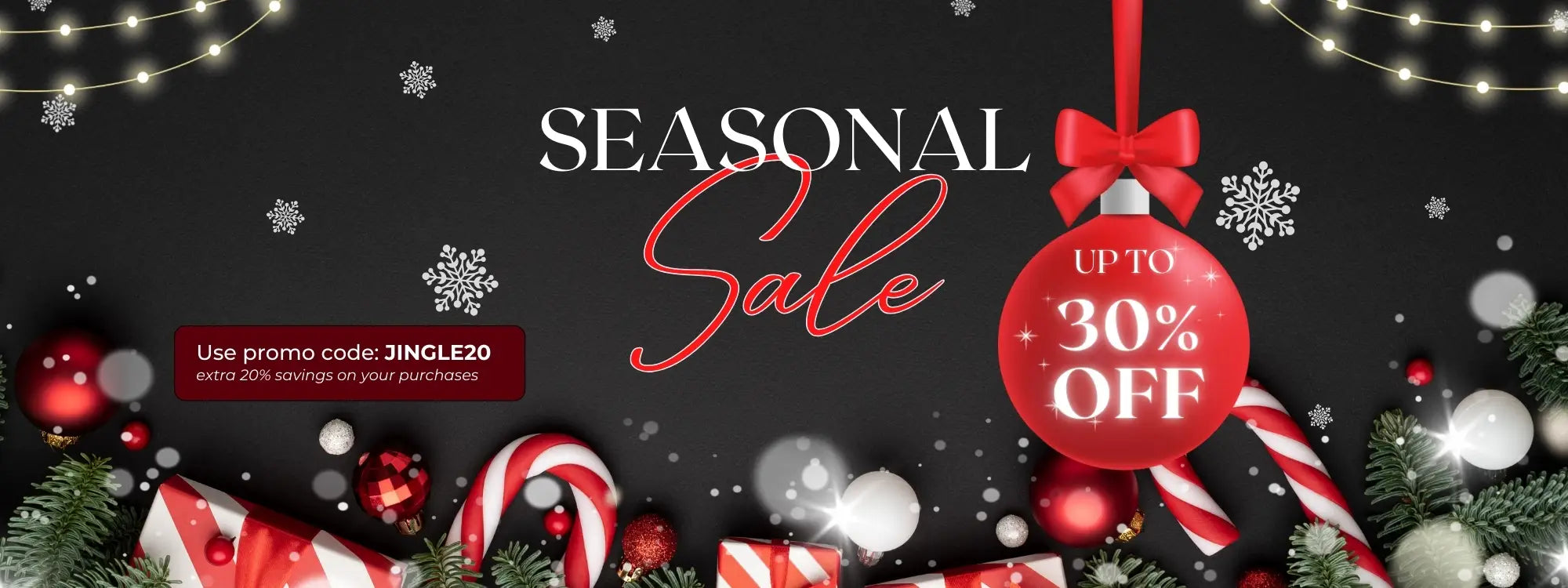 Dreamwerks Seasonal Sale banner featuring up to 30% off, Christmas decorations, and a promotional code: JINGLE20 for an extra 20% savings.
