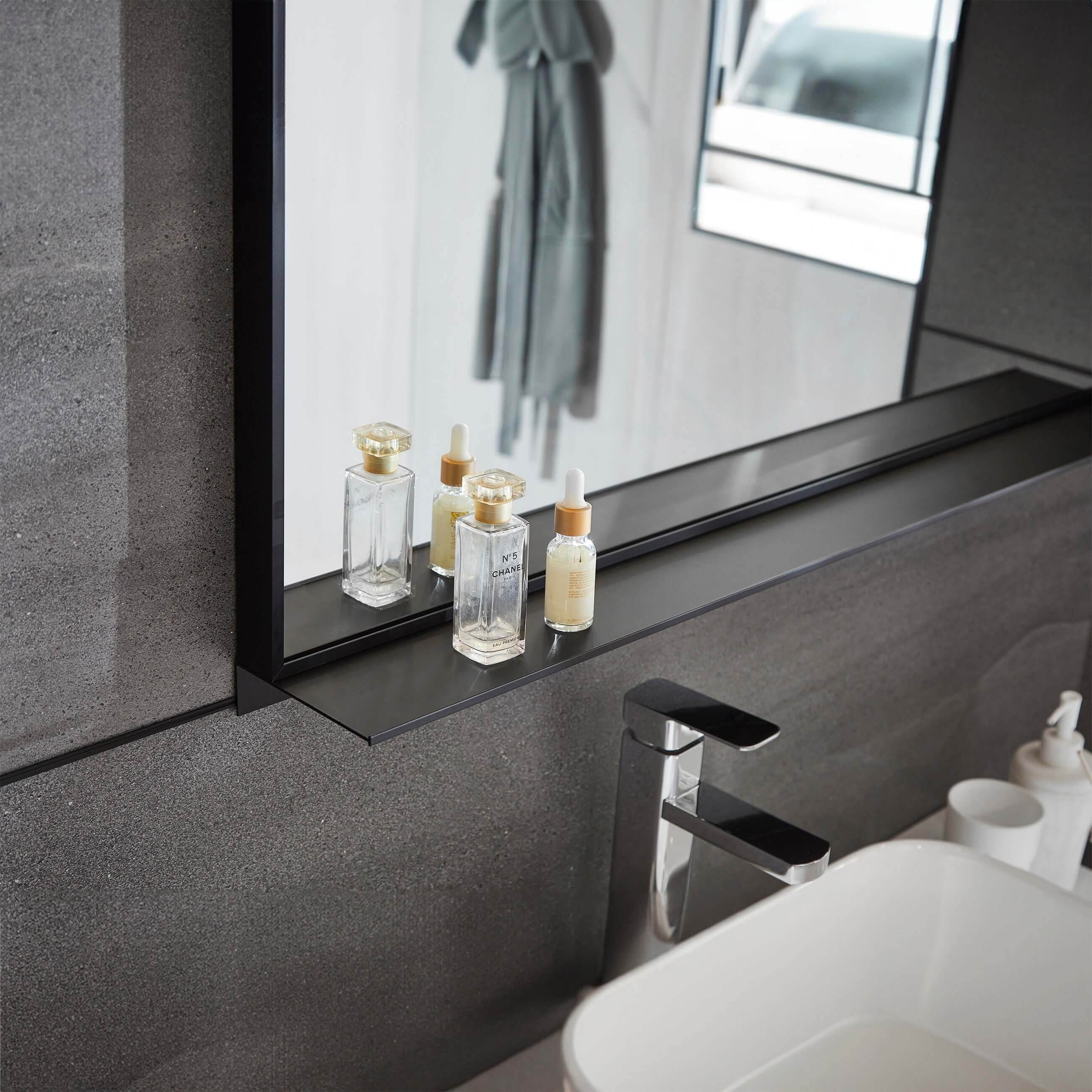 Lexi 24" x 32" Black & Chrome Framed Wall Mirror with Shelf – Water Resistant & Versatile