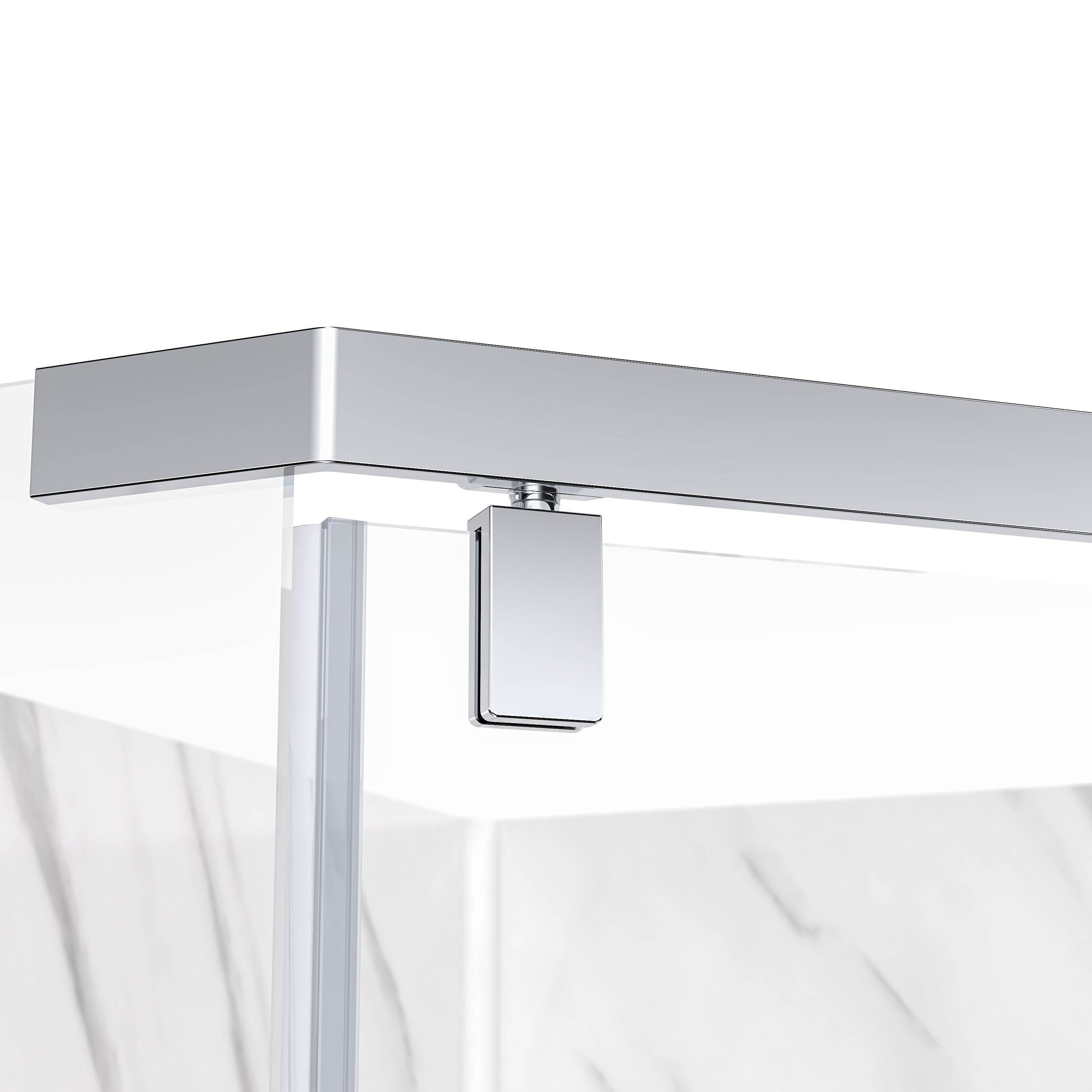 Close-up of a shower enclosure with a chrome finish on a white background