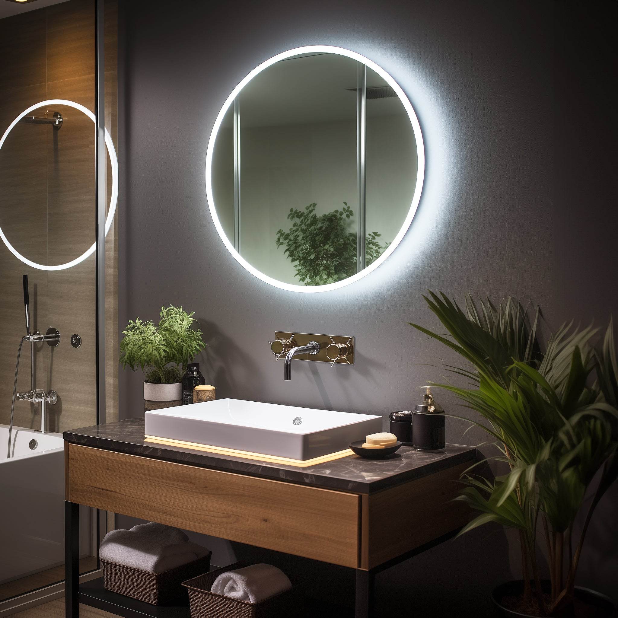 Onyx Frameless round LED mirror with touch sensor, defogger, and halo lighting effect - Dreamwerks