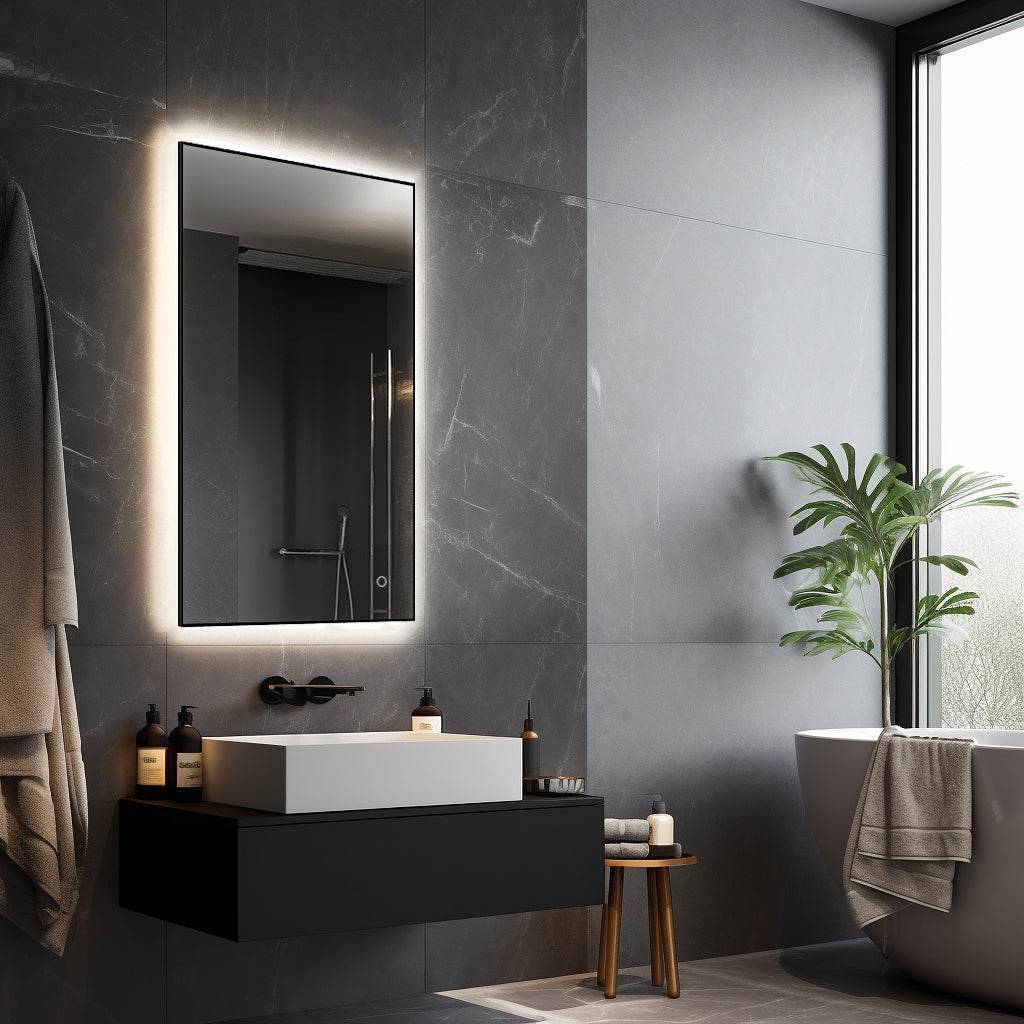 MARTZ 24"W x 32"H modern bathroom mirror with dimmable LED, touchscreen & anti-fog feature.