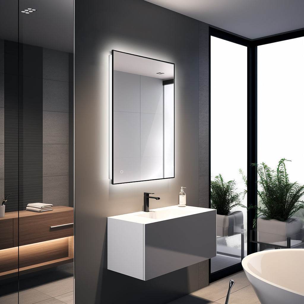 MARTZ 24"W x 32"H modern bathroom mirror with dimmable LED, touchscreen & anti-fog feature.