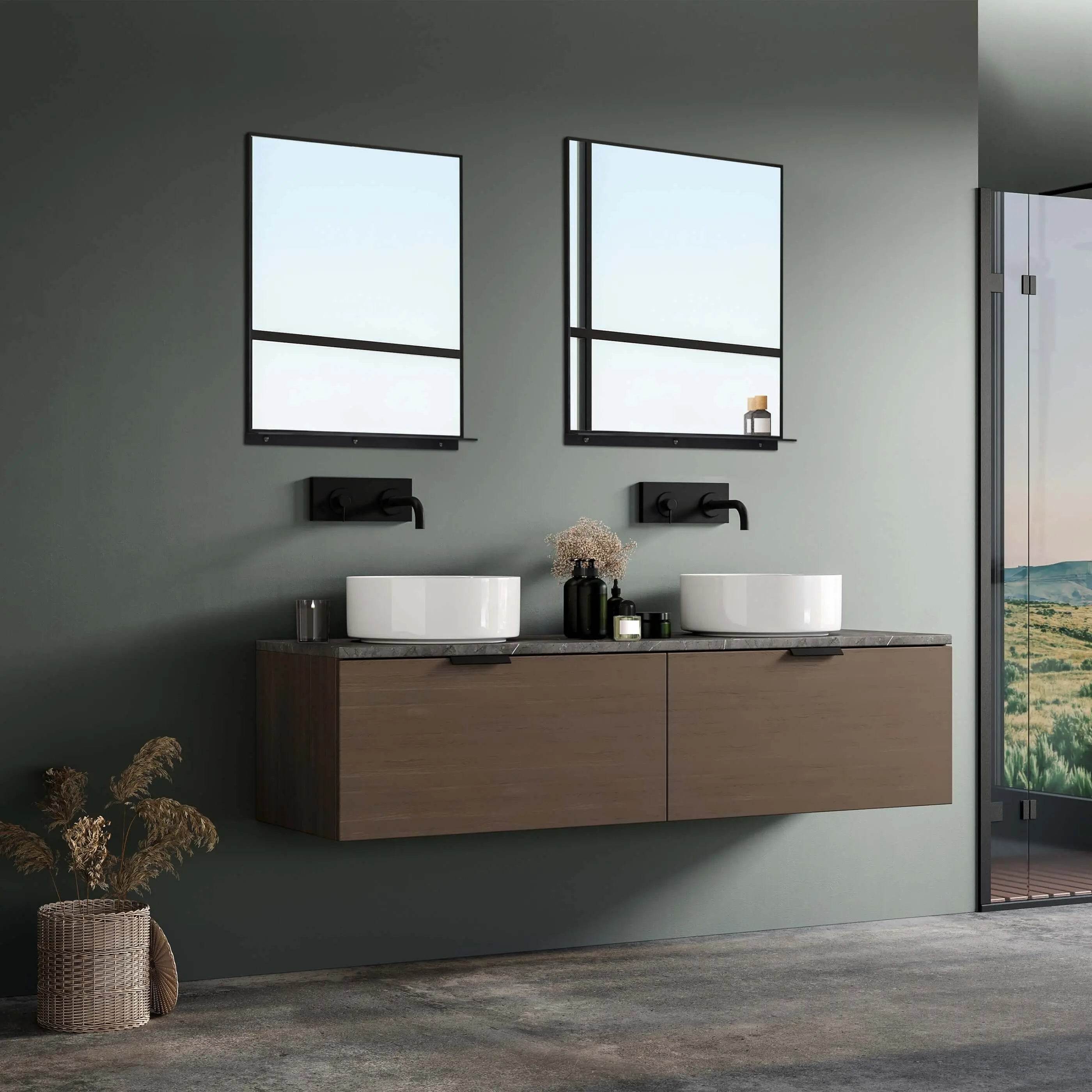 Lexi Matte black rectangular wall mirror with integrated shelf – a stylish framed bathroom mirror.