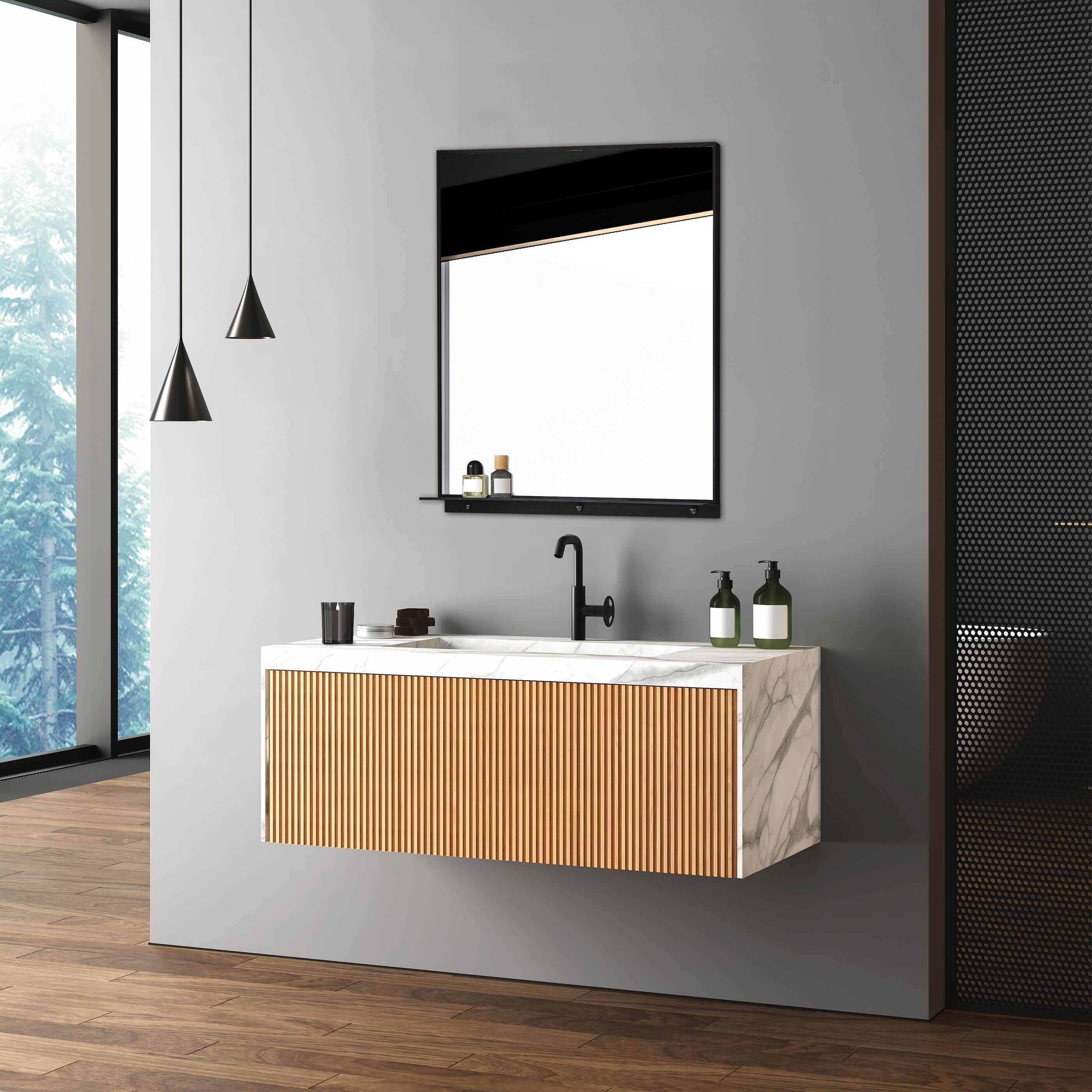 Lexi 24" x 32" Black & Chrome Framed Wall Mirror with Shelf – Water Resistant & Versatile