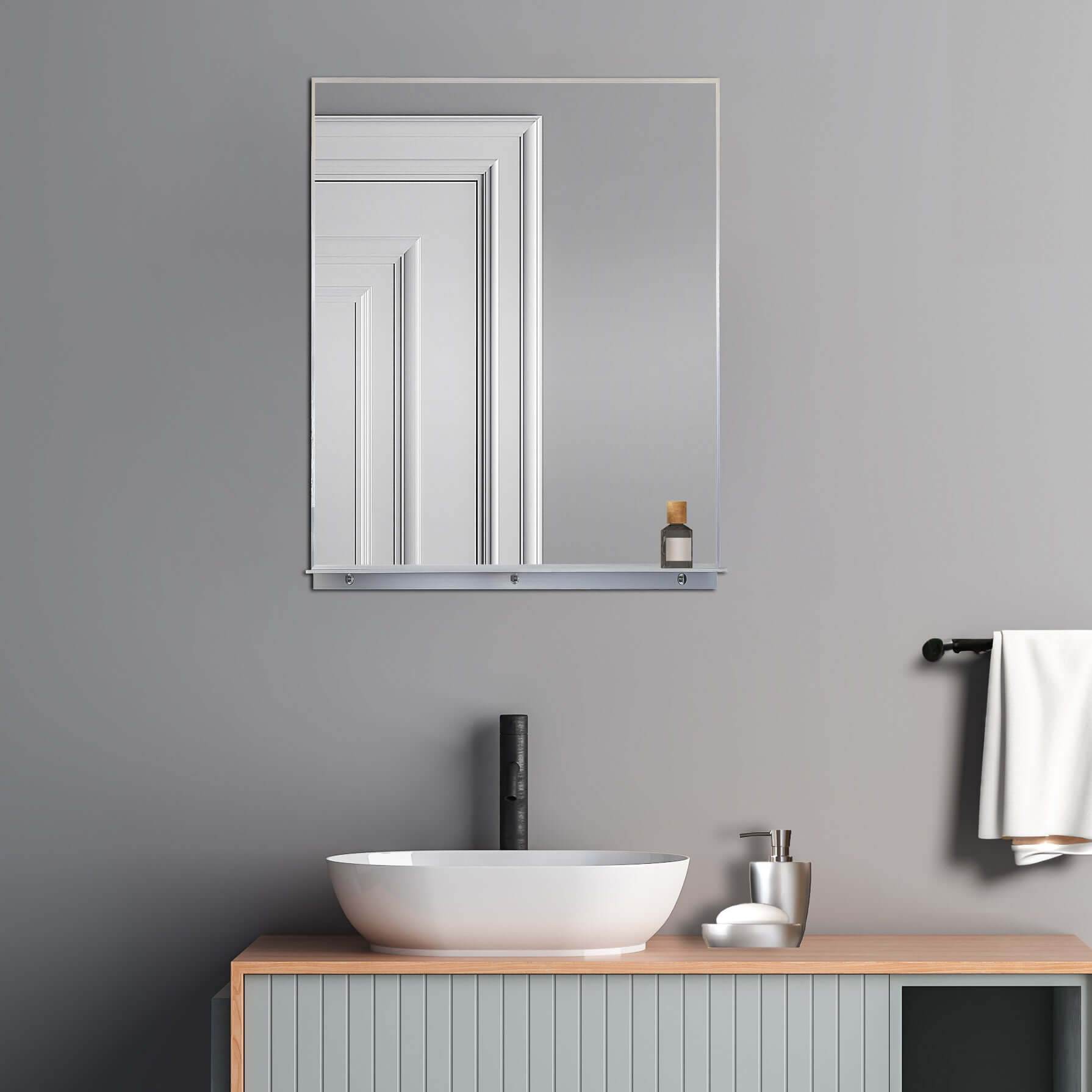Lexi Wall mounted storage mirror with integrated shelf in brushed nickel – Rectangular framed design