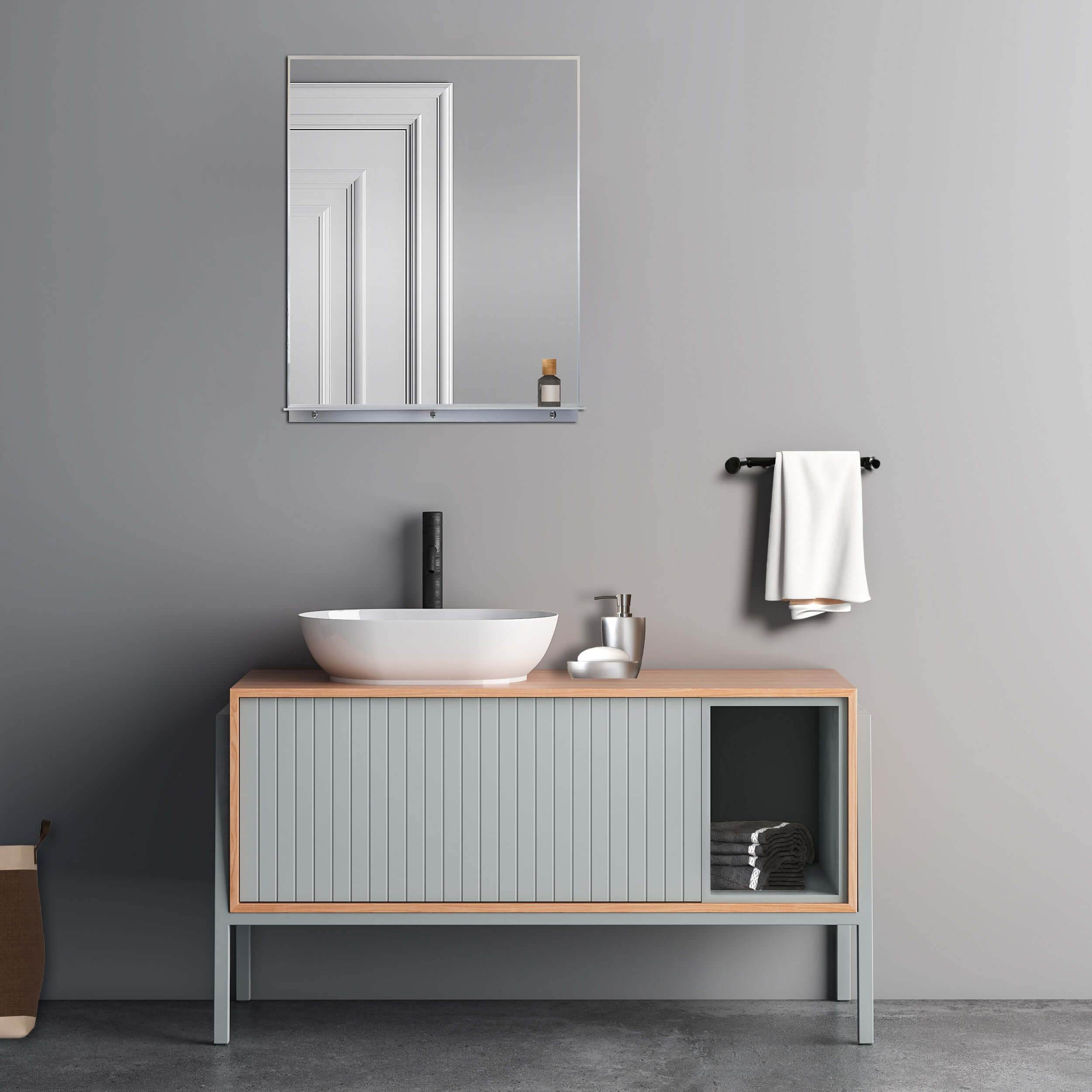 Lexi Wall mounted storage mirror with integrated shelf in brushed nickel – Rectangular framed design