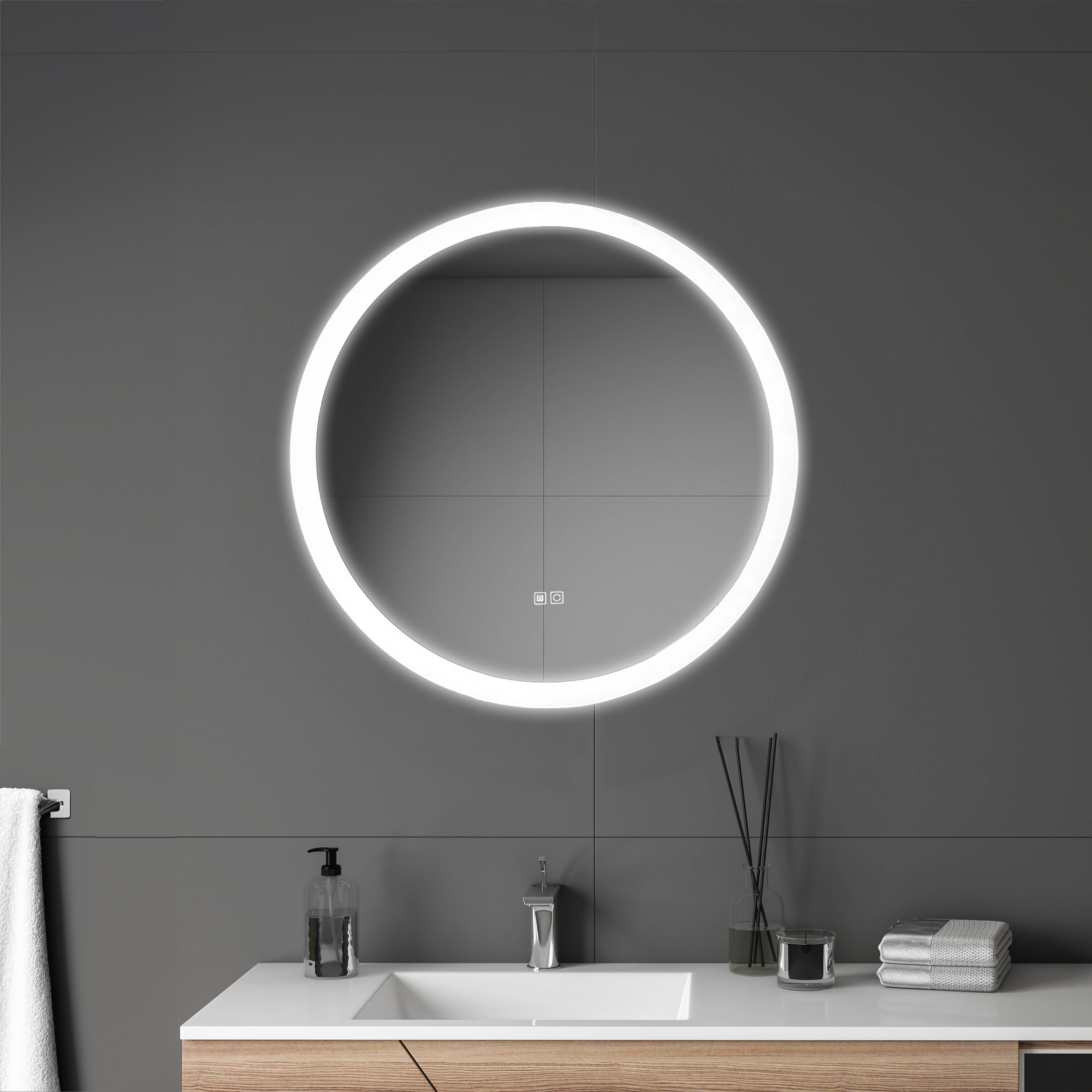 Dreamwerks-Mariana-24"-Round-LED-Mirror-integrated-Dimmer-Defogger-in-nice-luxury-bathroom-image-1