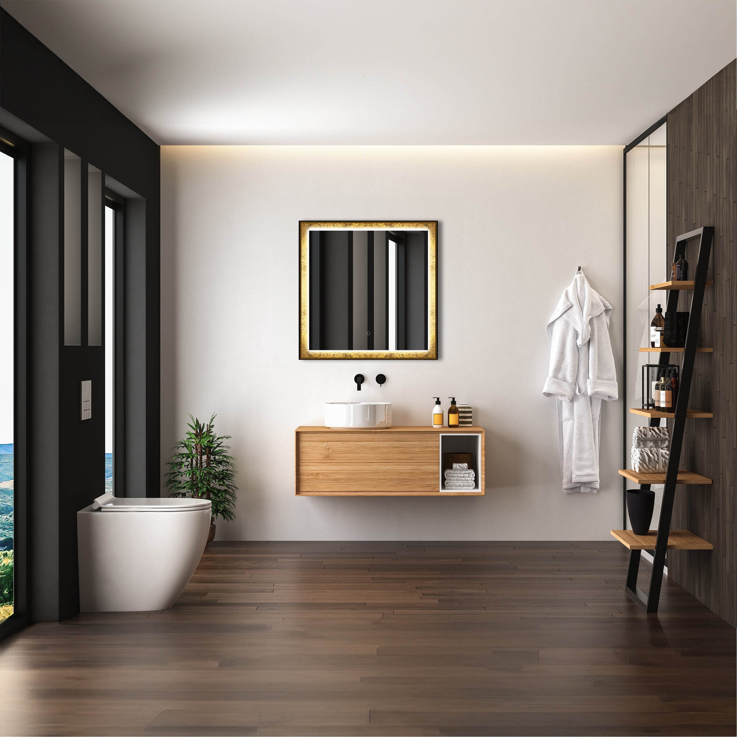 Natalya Gold Rimmed LED Mirror with Dimmable Lighting, Defogging, and Hardwired Installation – Dreamwerks