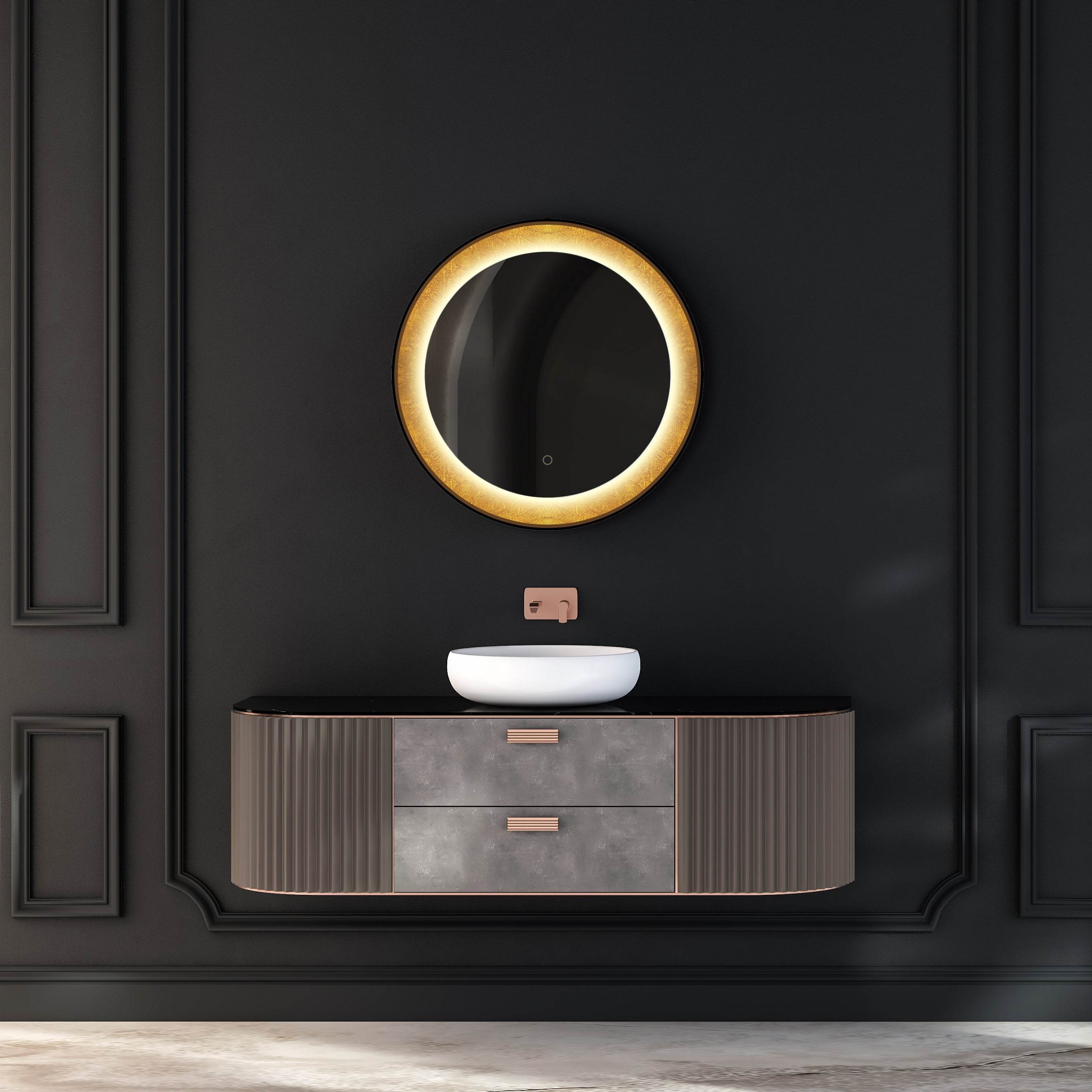 Natalya 30" Round LED Mirror with Gold Rim – Dimmable Lighting, Elegant Bathroom Mirror