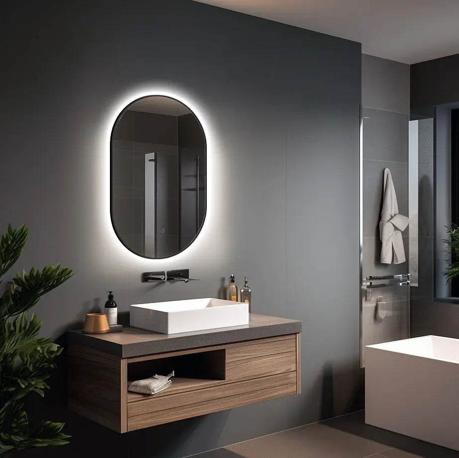 Olivia 20" W x 32" H LED Lighted Bathroom Mirror with Dimmer & Defogger in Black Dreamwerks LED Mirror