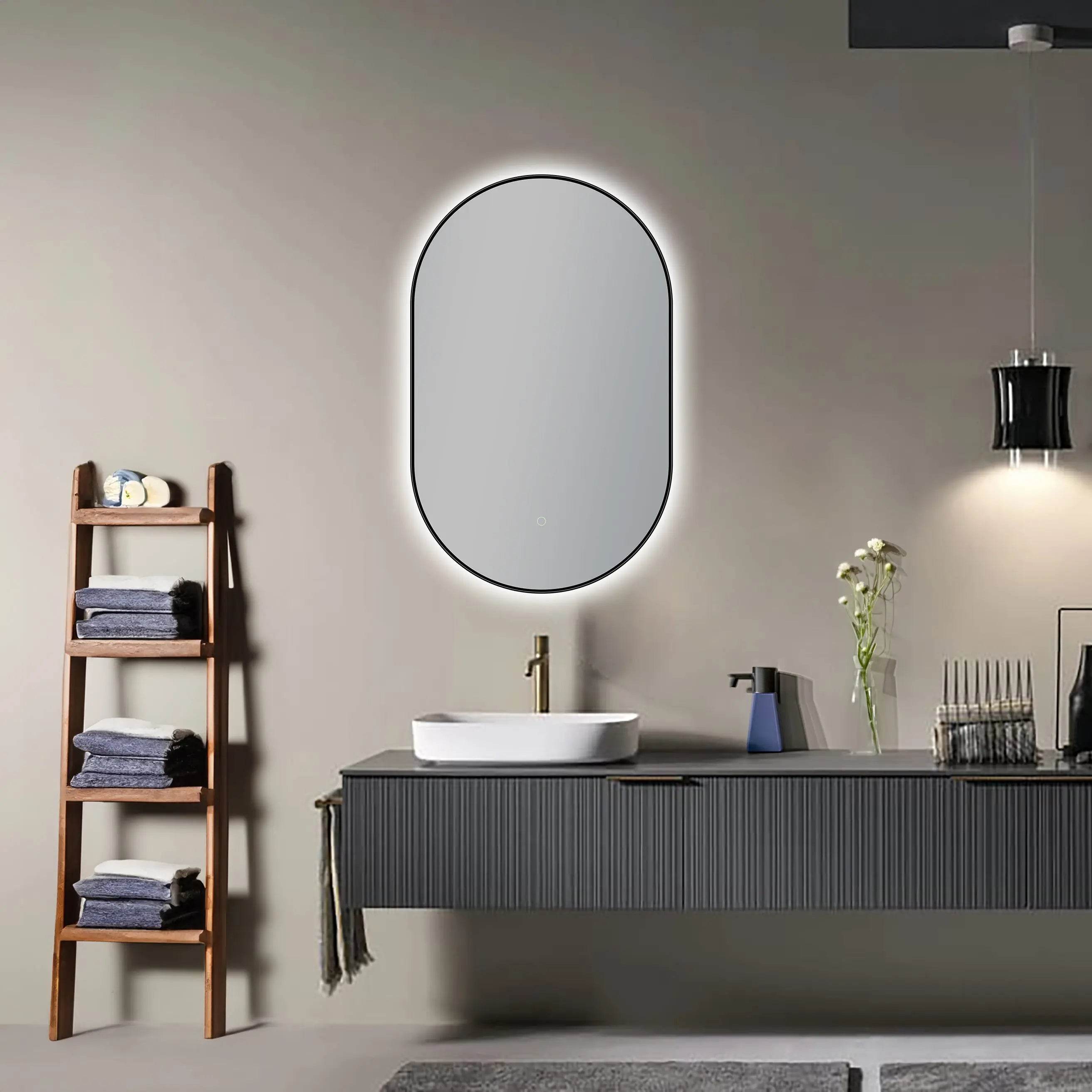 Olivia 20" W x 32" H LED Lighted Bathroom Mirror with Dimmer & Defogger in Black Dreamwerks LED Mirror