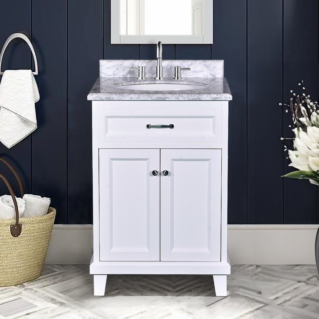 Addison 24" W x 22.5" D x 35"H White Vanity w/ Solid Wood & Carrara Marble Top
