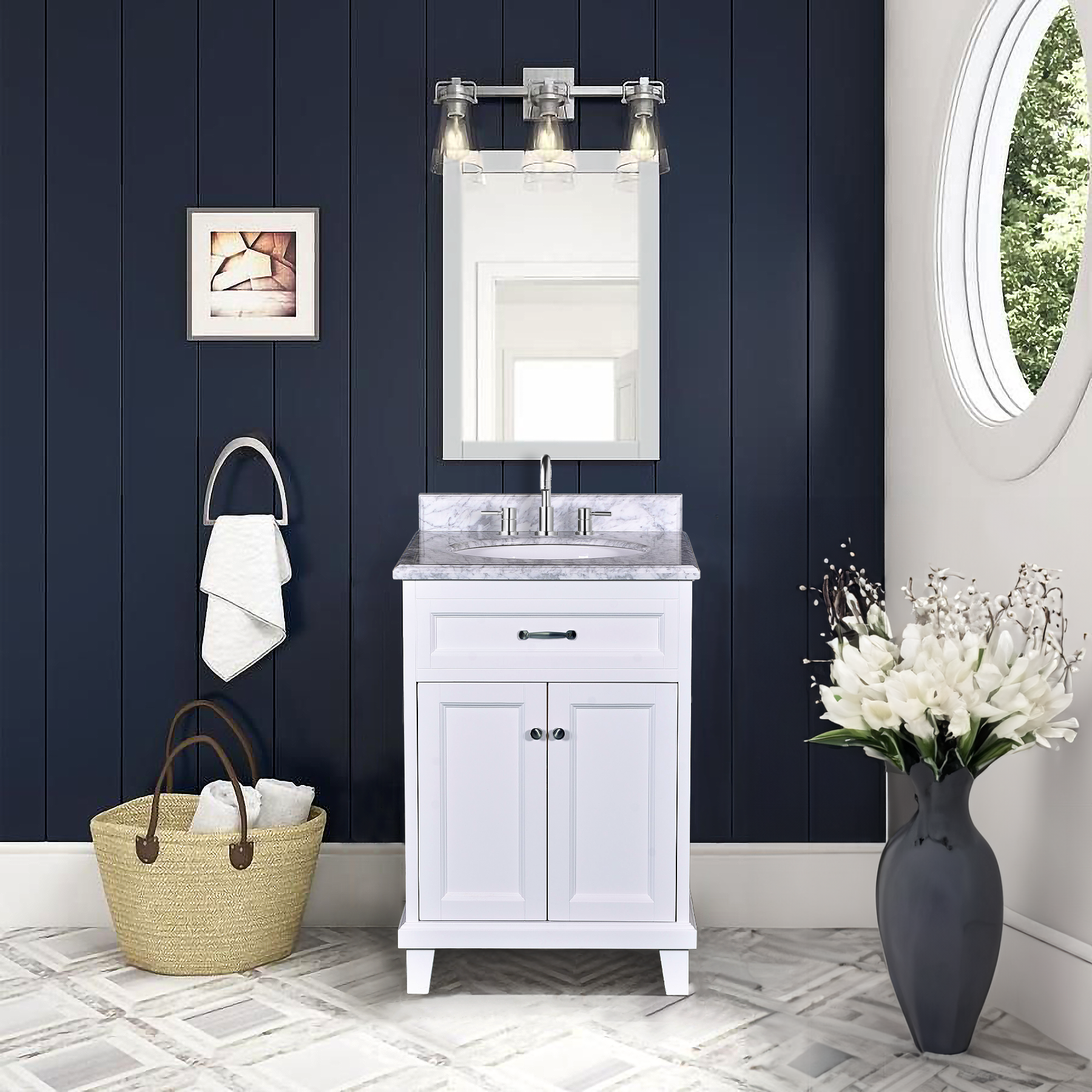 Addison 24" W x 22.5" D x 35"H White Vanity w/ Solid Wood & Carrara Marble Top