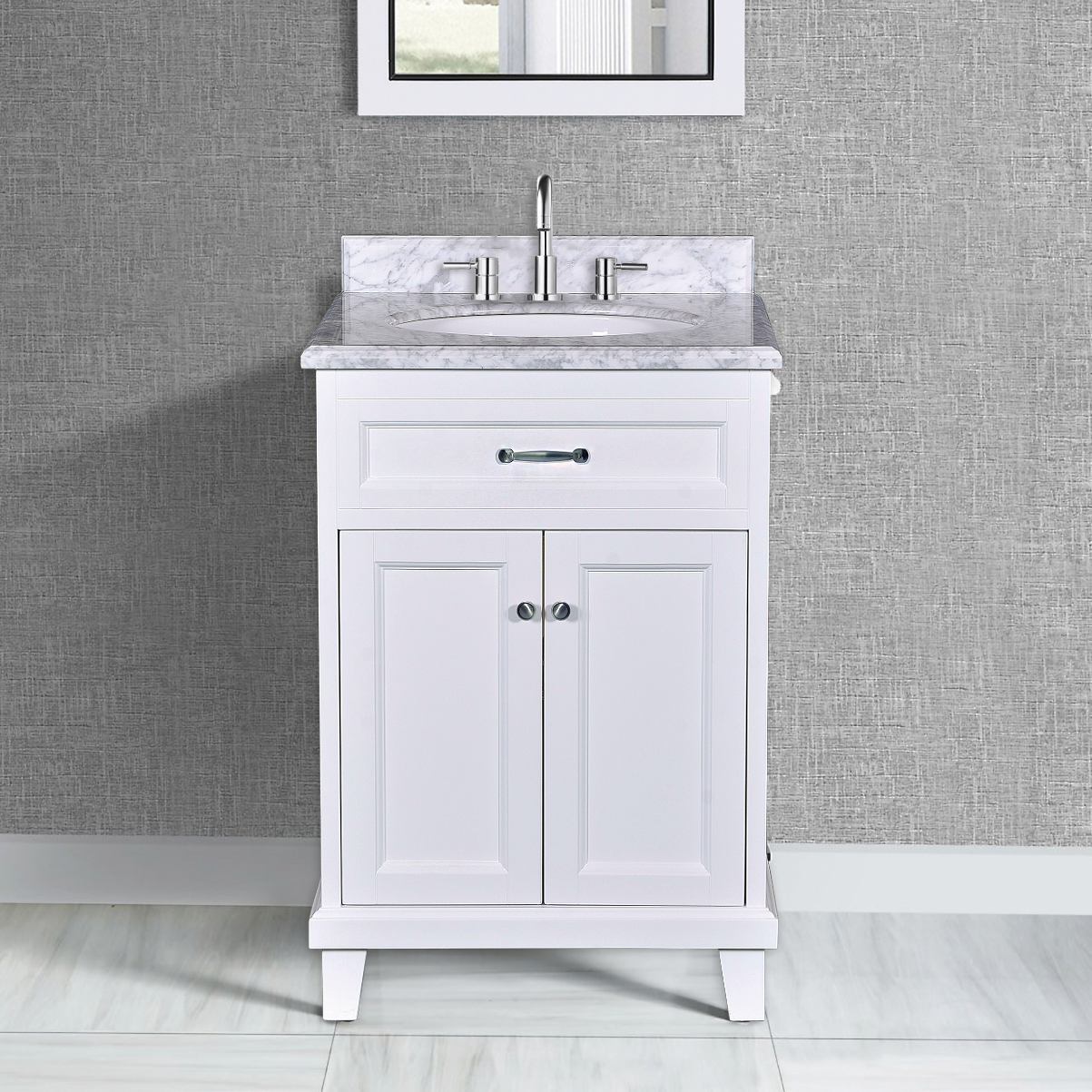 Addison 24" W x 22.5" D x 35"H White Vanity w/ Solid Wood & Carrara Marble Top