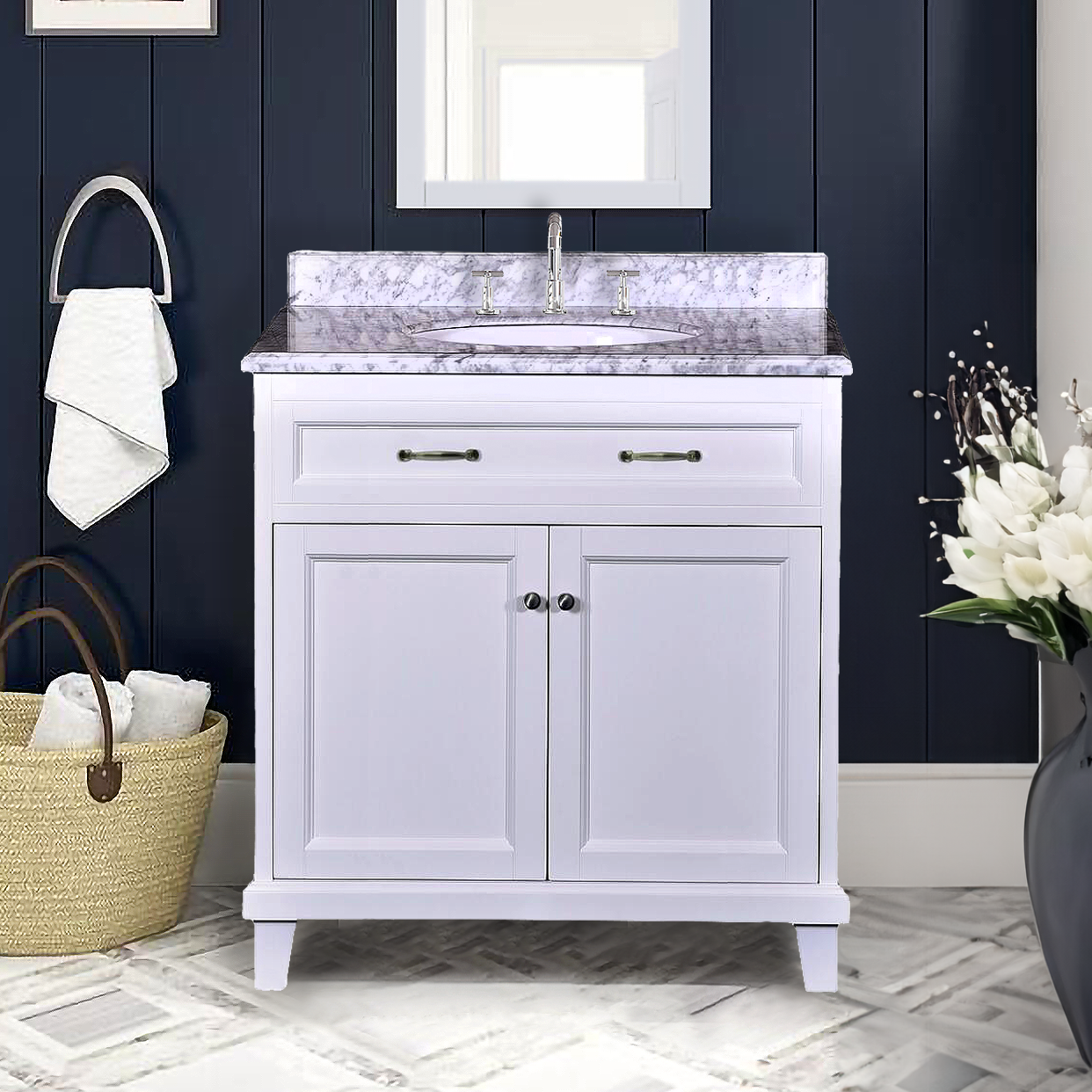 Addison 36"W x 22.4"D x 35"H White Vanity w/ Solid Wood & Carrara Marble Top
