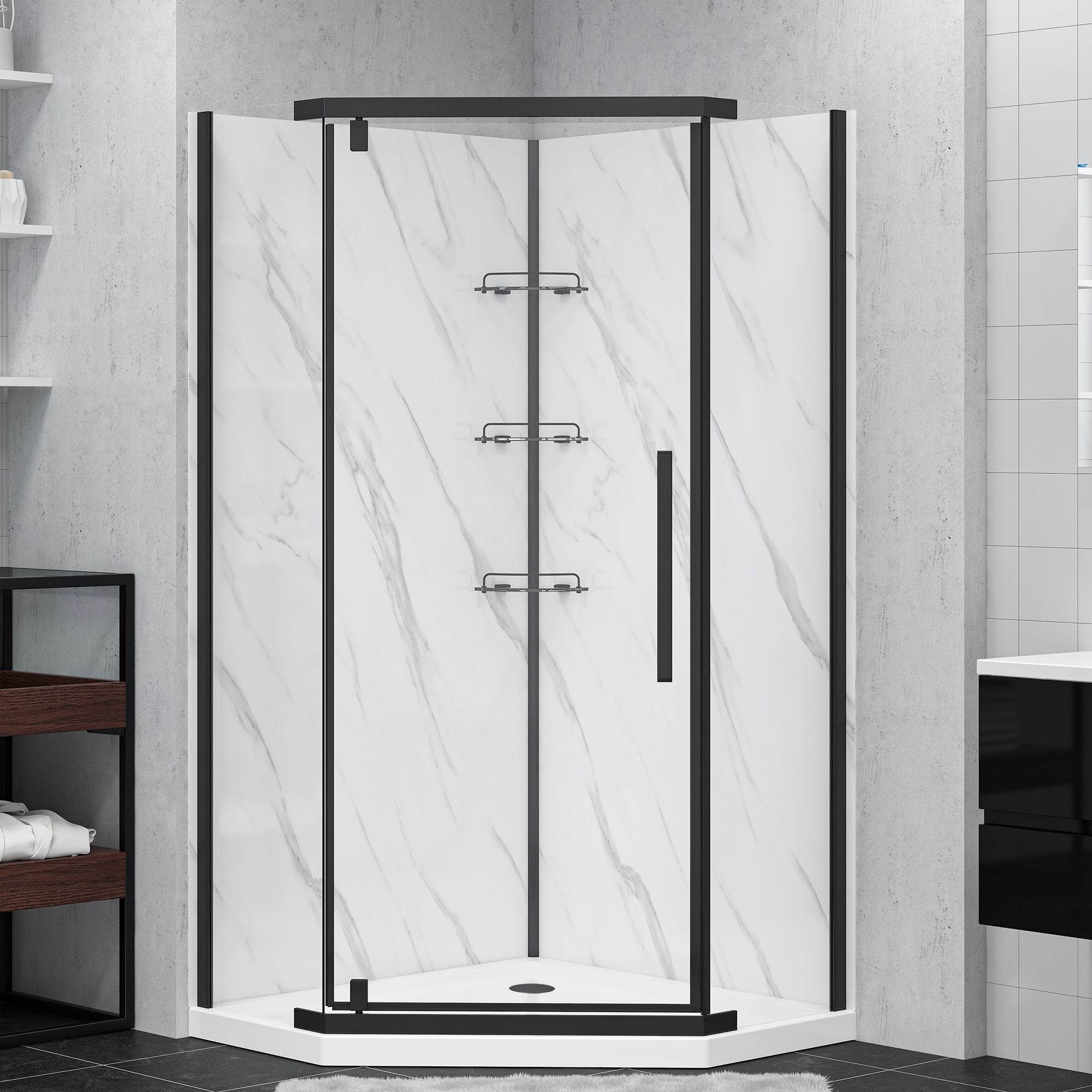 Modern neo-angle shower kit with frameless door in brushed nickel finish for sleek bathrooms - Dreamwerks