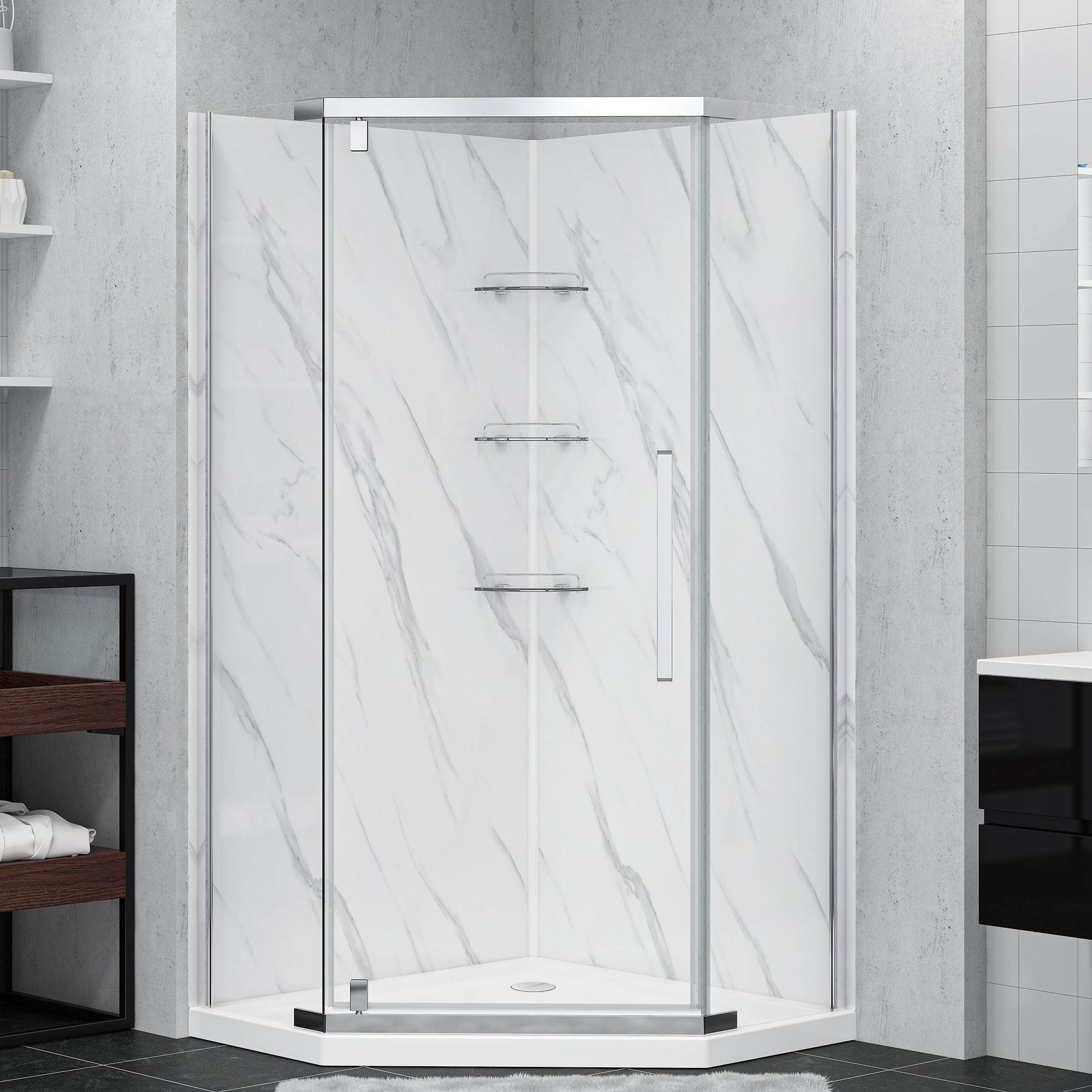 Capri 38 Inch Neo Angle Chrome Shower Kit with Pivot Hinge and Elegant Shower Door