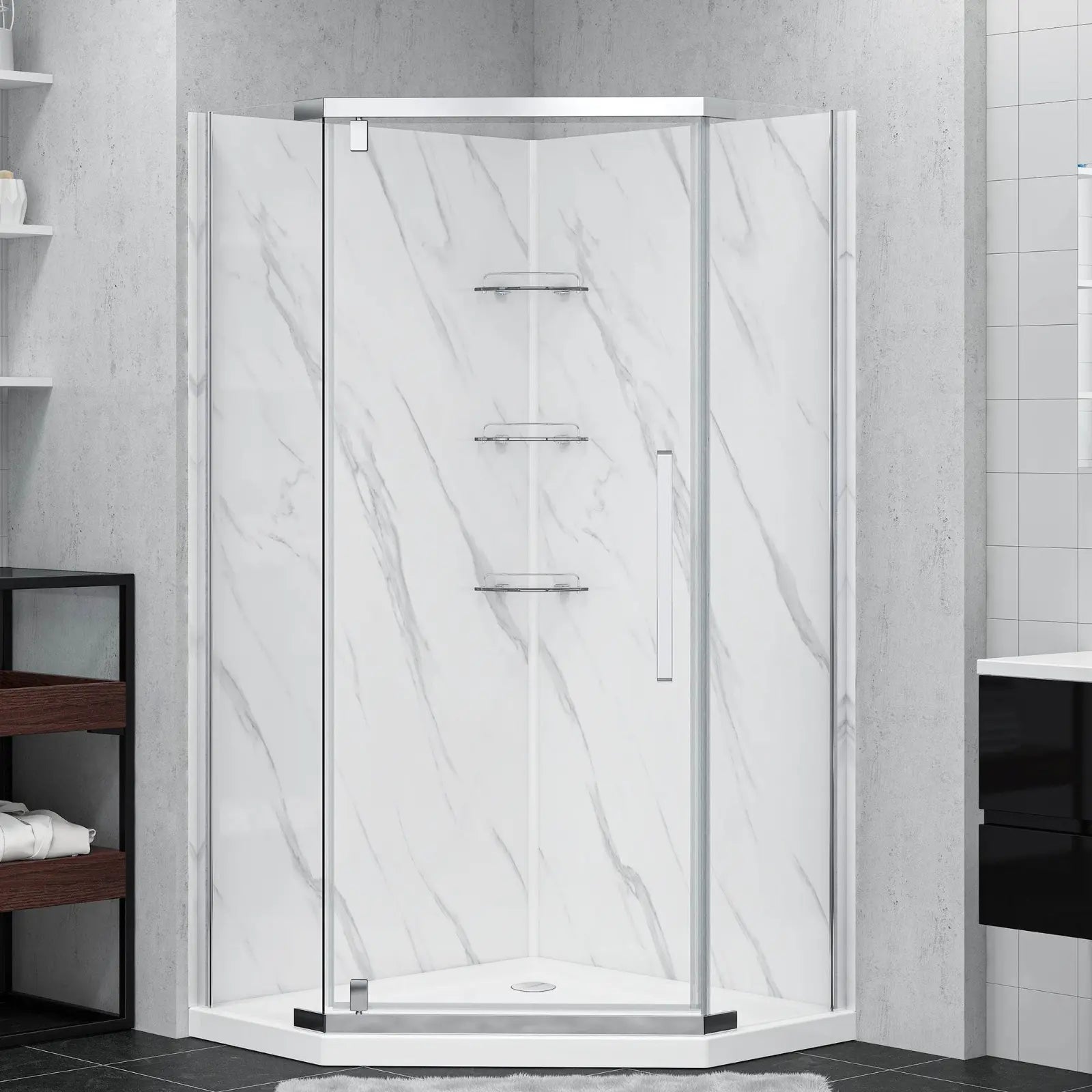 Dreamwerks Capri neo-angle shower kit featuring a three-panel clear glass enclosure with a hinged center door, chrome trim, white marble-look wall panels, and three glass corner shelves, installed over a pentagonal white shower base.